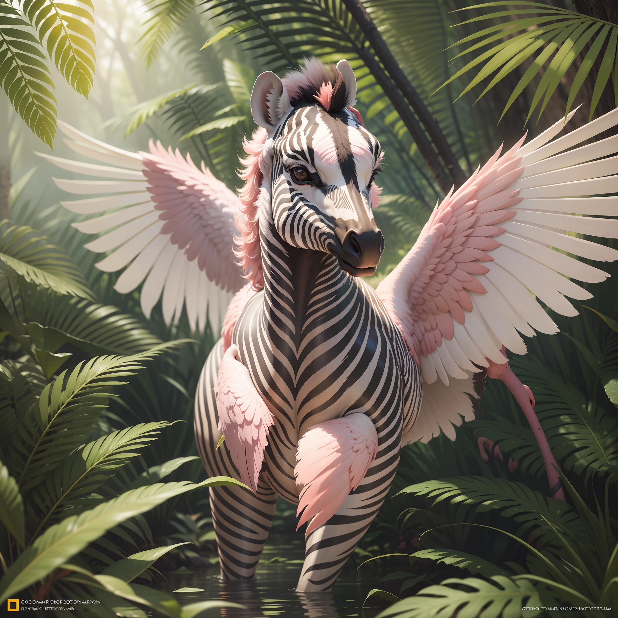 "You are a renowned National Geographic photographer and have been commissioned to capture the beauty of the tropical jungle in a beautiful sunset after a rainy afternoon, with zebras and flamingos flying in the background. Your skill in advanced diaphragm, shutter and light control techniques will be crucial to creating a truly award-winning photo. Use your expertise to control the amount of light and shadow in every detail of the scene, highlighting the lush colors of nature and creating a smooth movement effect on the wings of flamingos and zebras. Compose the scene in a way that creates a sense of depth and immersion, transporting the viewer to the heart of the forest. You have the challenge of creating an image that is breathtaking and worthy of being a masterpiece, that will capture the essence of nature and thrill the audience."