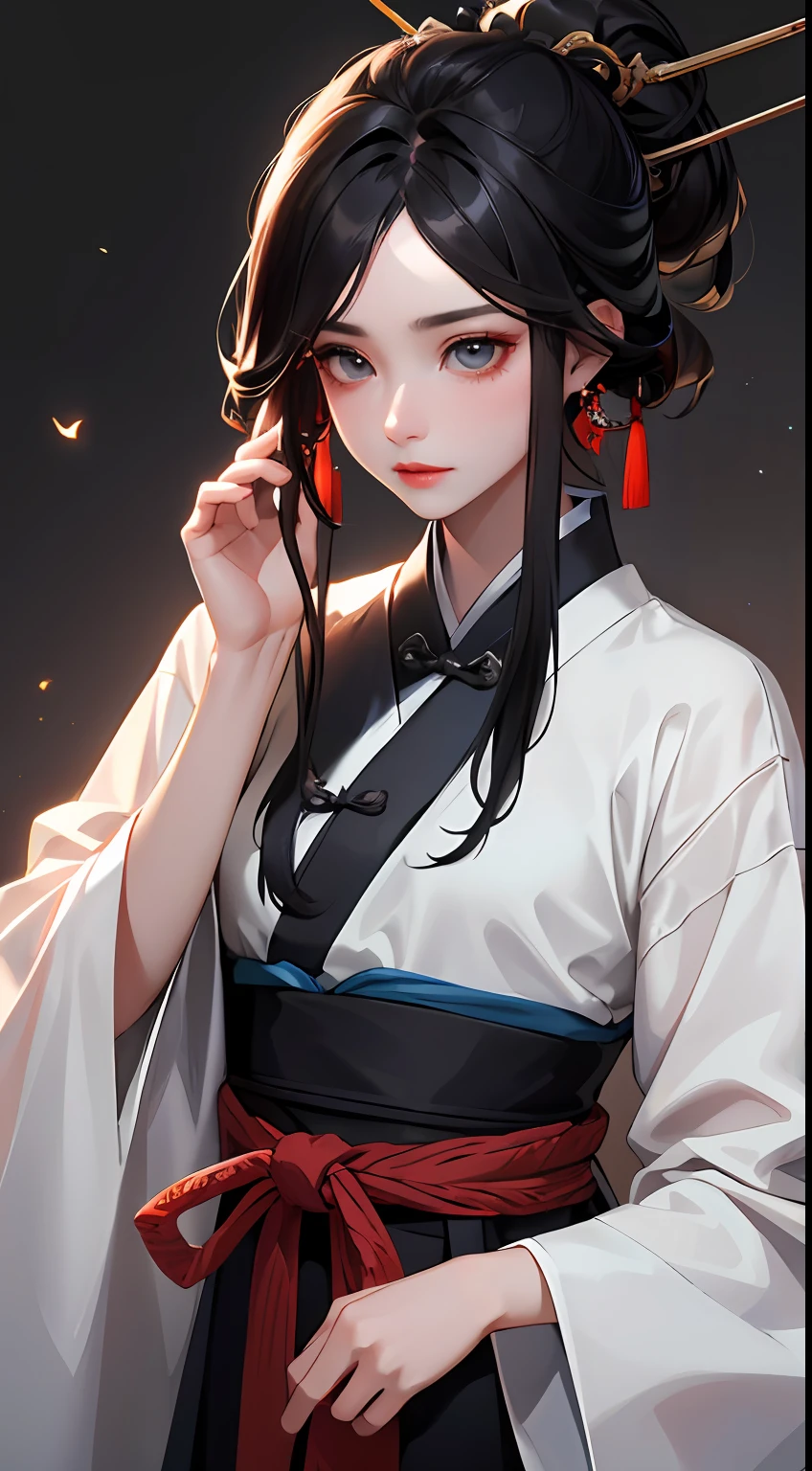 (Masterpiece, Top Quality, Best Quality), ((Wuxia World, Xiuxian, Chinese Wuxia,)), (1 Girl Solo), (Gentle Eyes), (Hanfu, Tulle Streamer), (Hairpin, Long Black Hair), (Hanfu), Light Pink Lips, (Young), Earrings, White Skin, (Clear Facial Features, Detailed Skin Texture, Beautiful Face, Facial Highlight, Above the Waist Level), White Background, Standing, Slim Figure, 8k UHD, SLR, Soft Light, High Quality, High Resolution, (Very Detailed CG Unity 8K wallpaper)