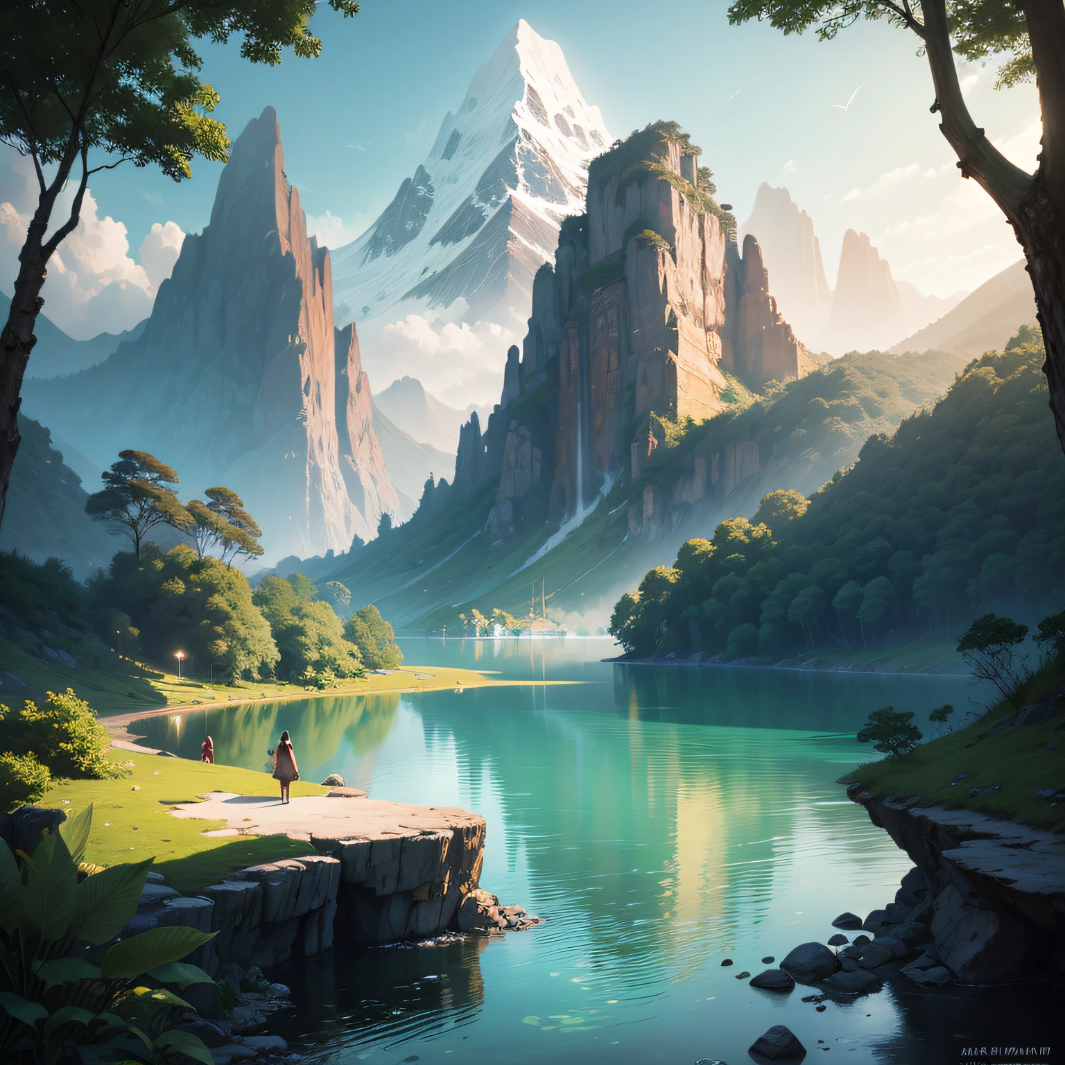 Lake with crystal clear waters surrounded by mountains with jungle. Digital painting, artstation, concept art, soft focus, sharp, illustration. --auto