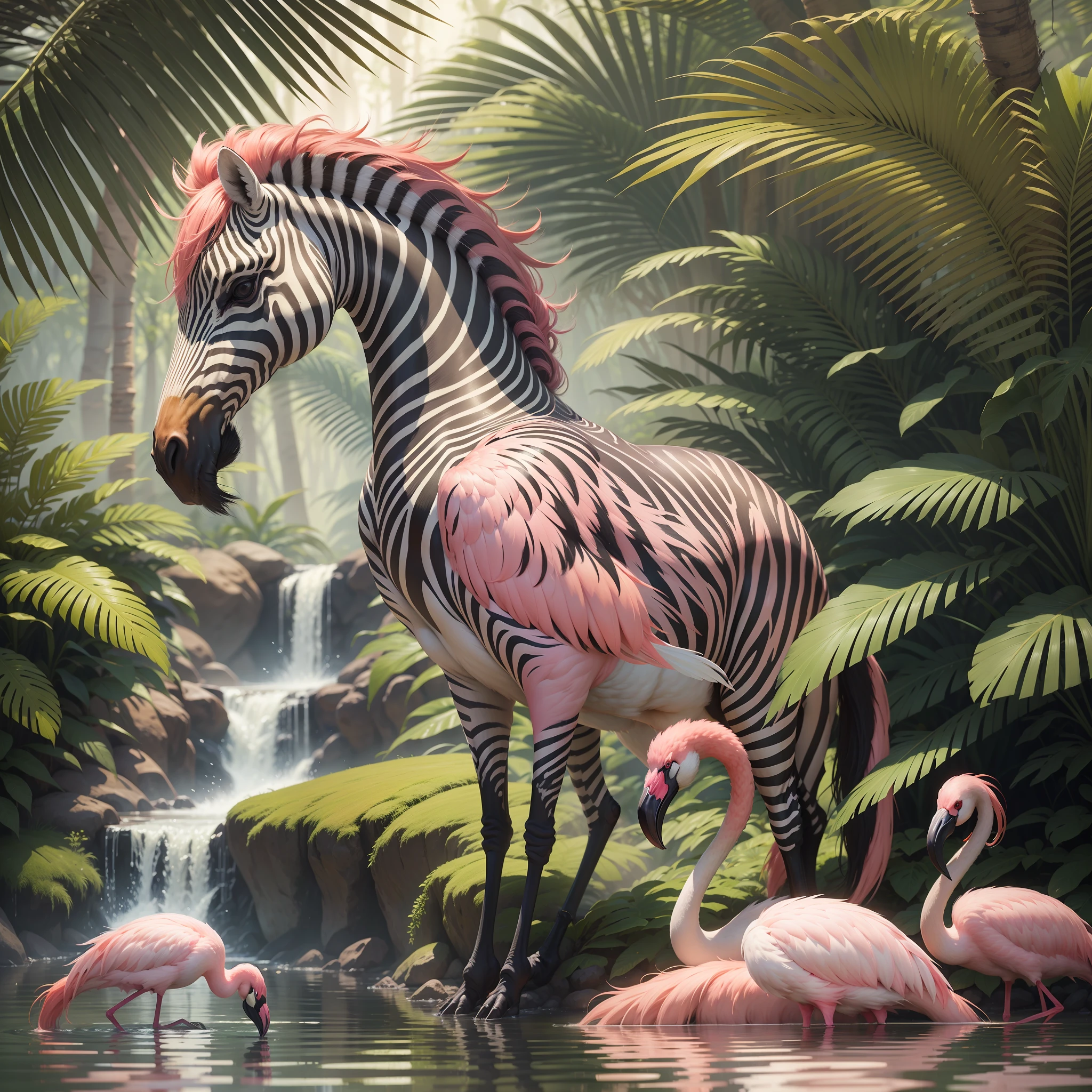 "You are a very award-winning renowned National Geographic photographer and have been commissioned to capture the beauty of the tropical jungle in a beautiful sunset after a rainy afternoon, with zebras and flamingos flying in the background. Your skill in advanced diaphragm, shutter and light control techniques will be crucial to creating a truly award-winning photo. Use your expertise to control the amount of light and shadow in every detail of the scene, highlighting the lush colors of nature and creating a smooth movement effect on the wings of flamingos and zebras. Compose the scene in a way that creates a sense of depth and immersion, transporting the viewer to the heart of the forest. You have the challenge of creating an image that is breathtaking and worthy of being a masterpiece, that will capture the essence of nature and thrill the audience."