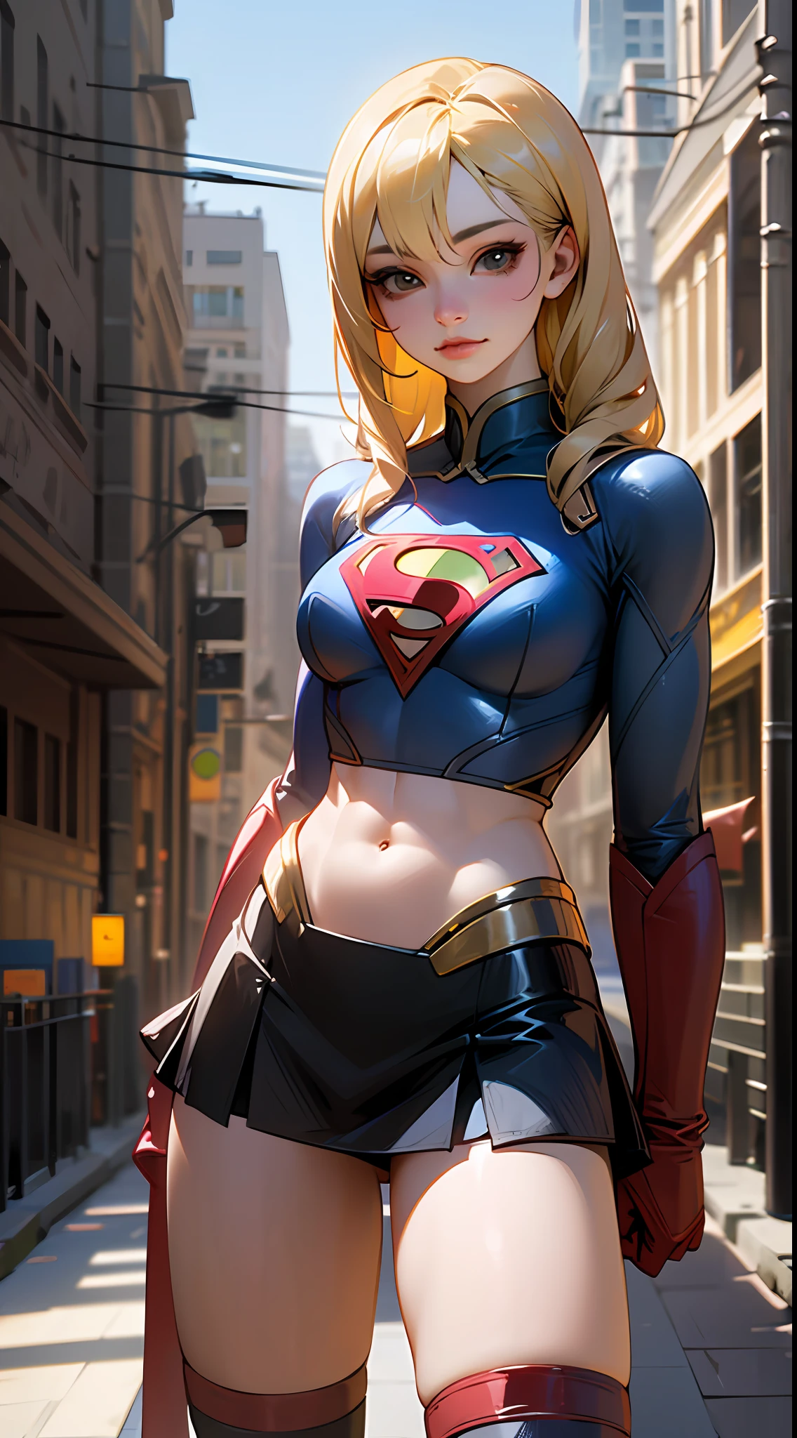 ((Realistic Lighting, Best Quality, 8K, Masterpiece: 1.3)), Focus: 1.2, 1girl, Chinese beauty in perfect shape: 1.4, Fine Abs: 1.1, ((blonde hair)), (Supergirl uniform, atex: 1.4) BDSM ARMS BACK (Woodwood background, Night: 1.1), City streets, Super thin face, Thin eyes, Double eyelids, Miniskirt latex, (Black socks over the knee: 1.5) --auto --s2