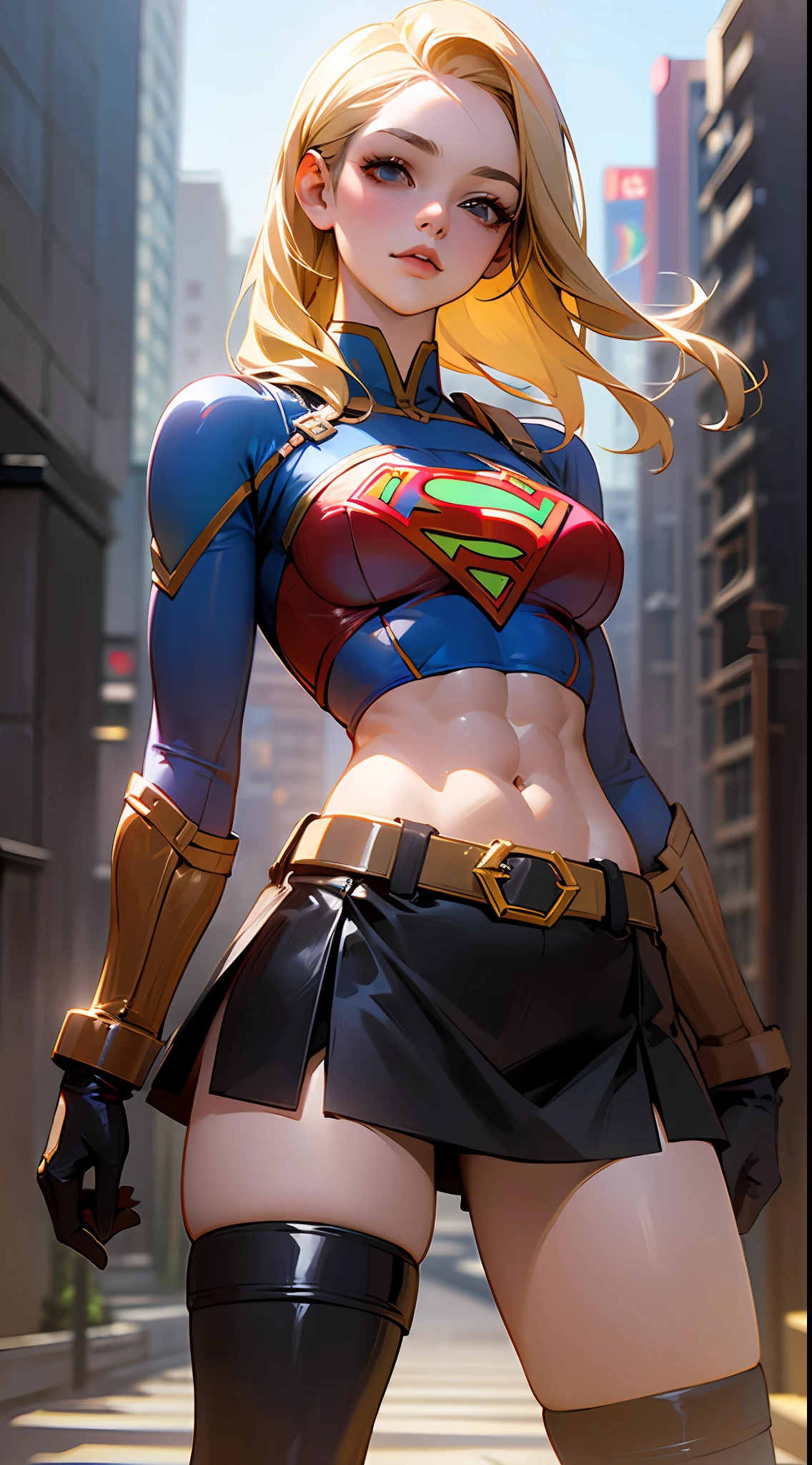 ((Realistic Lighting, Best Quality, 8K, Masterpiece: 1.3)), Focus: 1.2, 1girl, Chinese beauty in perfect shape: 1.4, Fine Abs: 1.1, ((blonde hair)), (Supergirl uniform, atex: 1.4) BDSM ARMS BACK (Woodwood background, Night: 1.1), City streets, Super thin face, Thin eyes, Double eyelids, Miniskirt latex, (Black socks over the knee: 1.5) --auto --s2