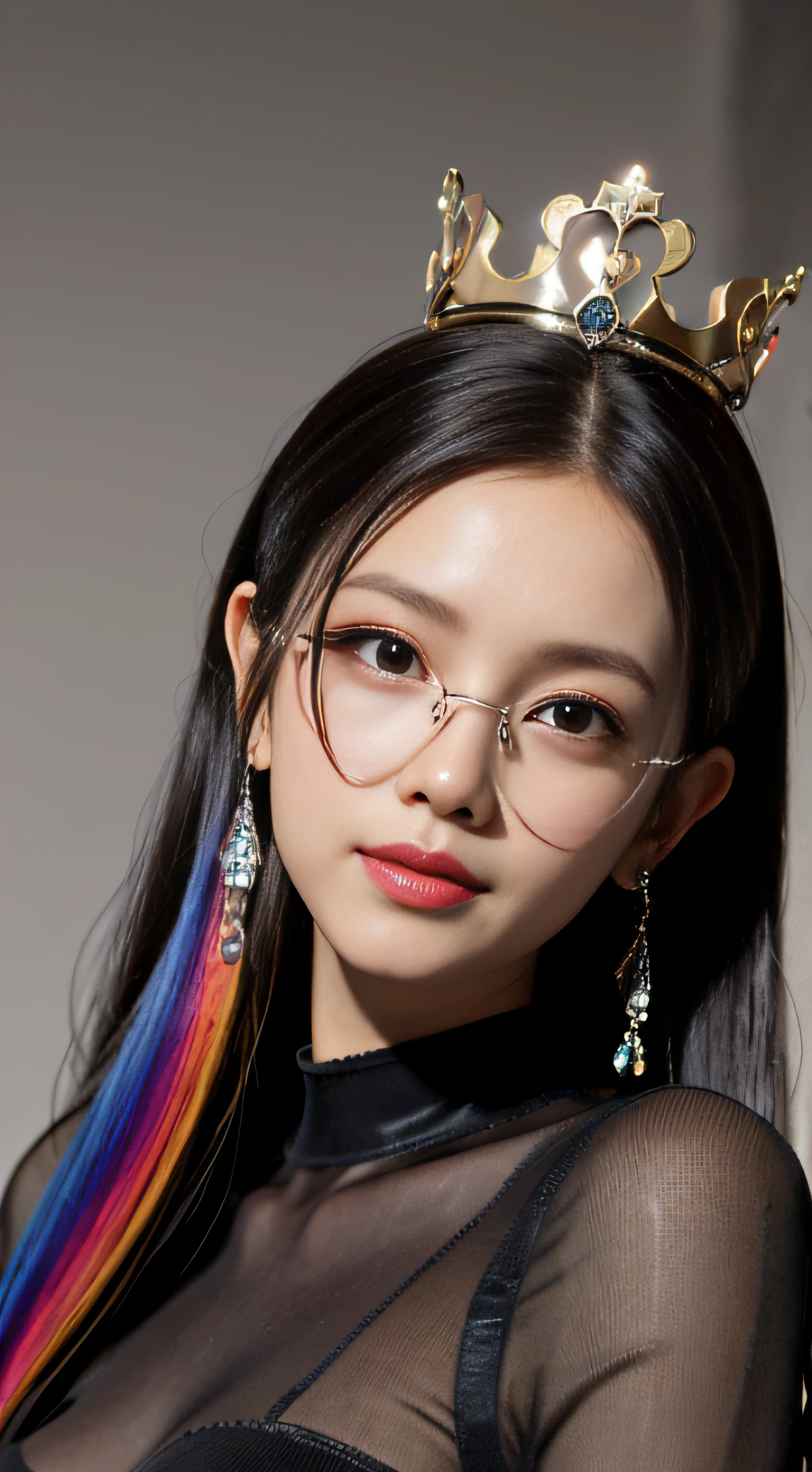 girl, Long hair, Black silk, Sexy, Lovely, Blush, Perfect facial features, multicolored hair, streaked hair, braid, hair strand, shiny hair, crown, rimless eyewear, heart hair ornament, mole under eye, longeyelashes, color contact lenses, smile, parted lips, Realism, Futurism, Art Deco, Expressionism, Contemporary art, chromatic aberration, cinematic lighting, ray tracing, bloom, anaglyph, optical illusion, from below, Sony FE GM, retina, 1080P, UHD, ccurate, textured skin, super detail, award winning, best quality, high details, high quality --chaos 100 --stylize 1000 --style ,