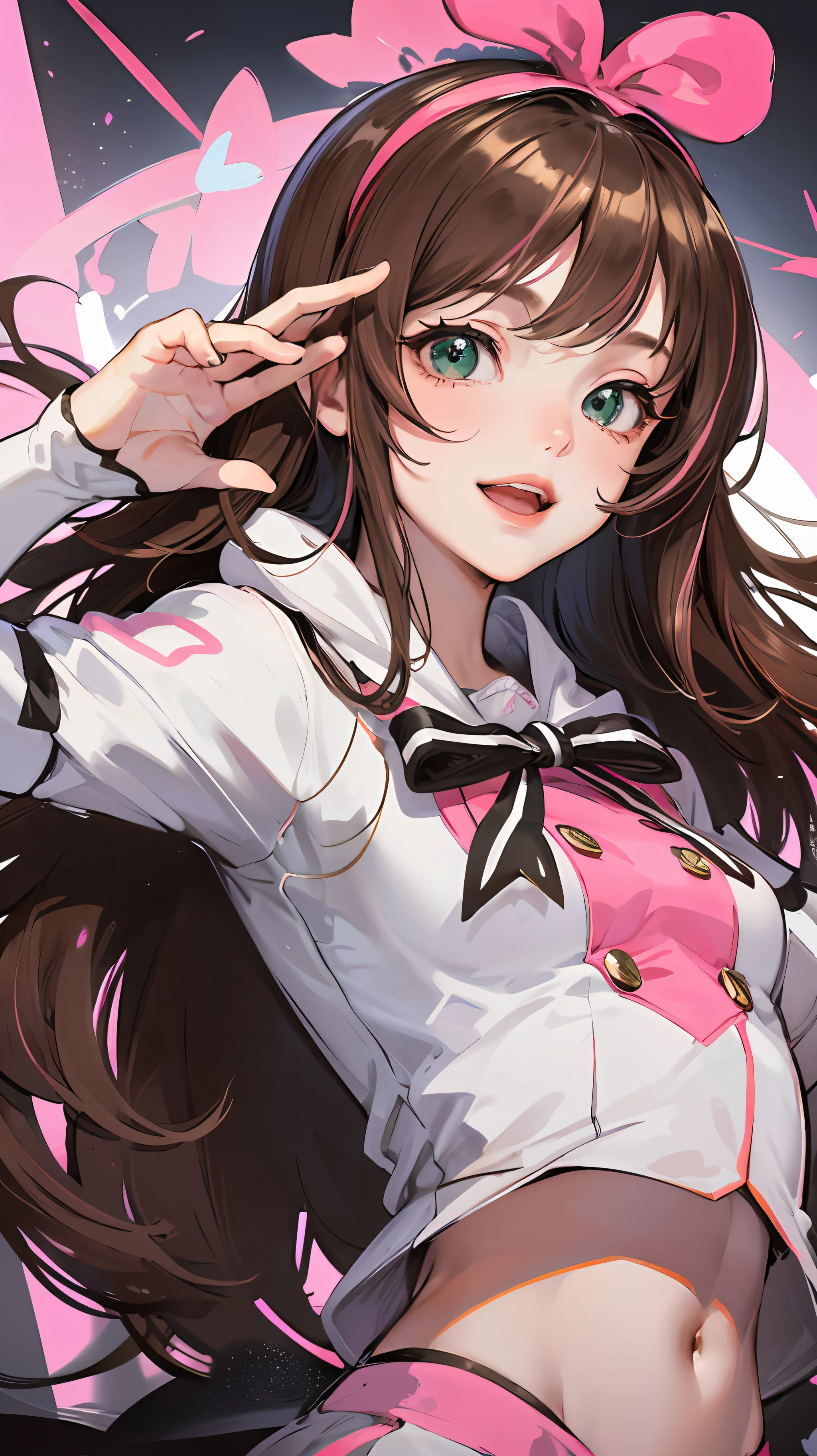 masterpiece, best quality, highres, 1girl, kizuna ai, small breasts ,long hair, brown hair, multicolored hair, floating hair, pink hairband, pink highlights, streaked hair, smiling