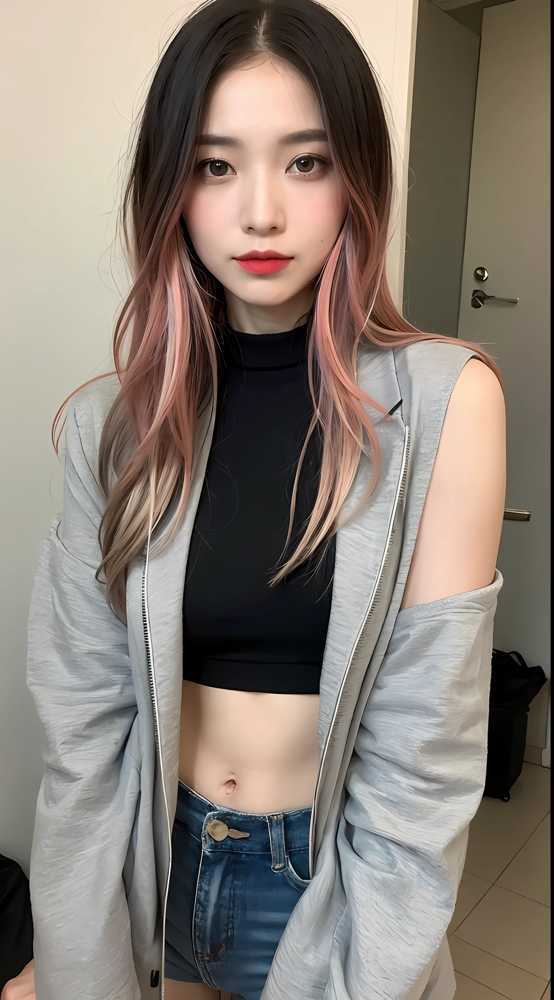 ((Best Quality, 8K, Masterpiece: 1.3)), 1 Girl, Slim Abs Beauty: 1.3, Big: 1.2, Super Slender Face, Delicate Eyes, Double Eyelids, Smile, Home, Hair Scrunchie, Princess Cut, Silver Hair, Colored Tips, Full Moon, Grey Eyes, Jacket, Long Sleeve, Look Viewer, Medium Hair, Multicolored Hair, Parted Bangs, Parted Lips, Pink Hair, Portrait, Red Eyeliner, Red Lips, Solo, Tank Top