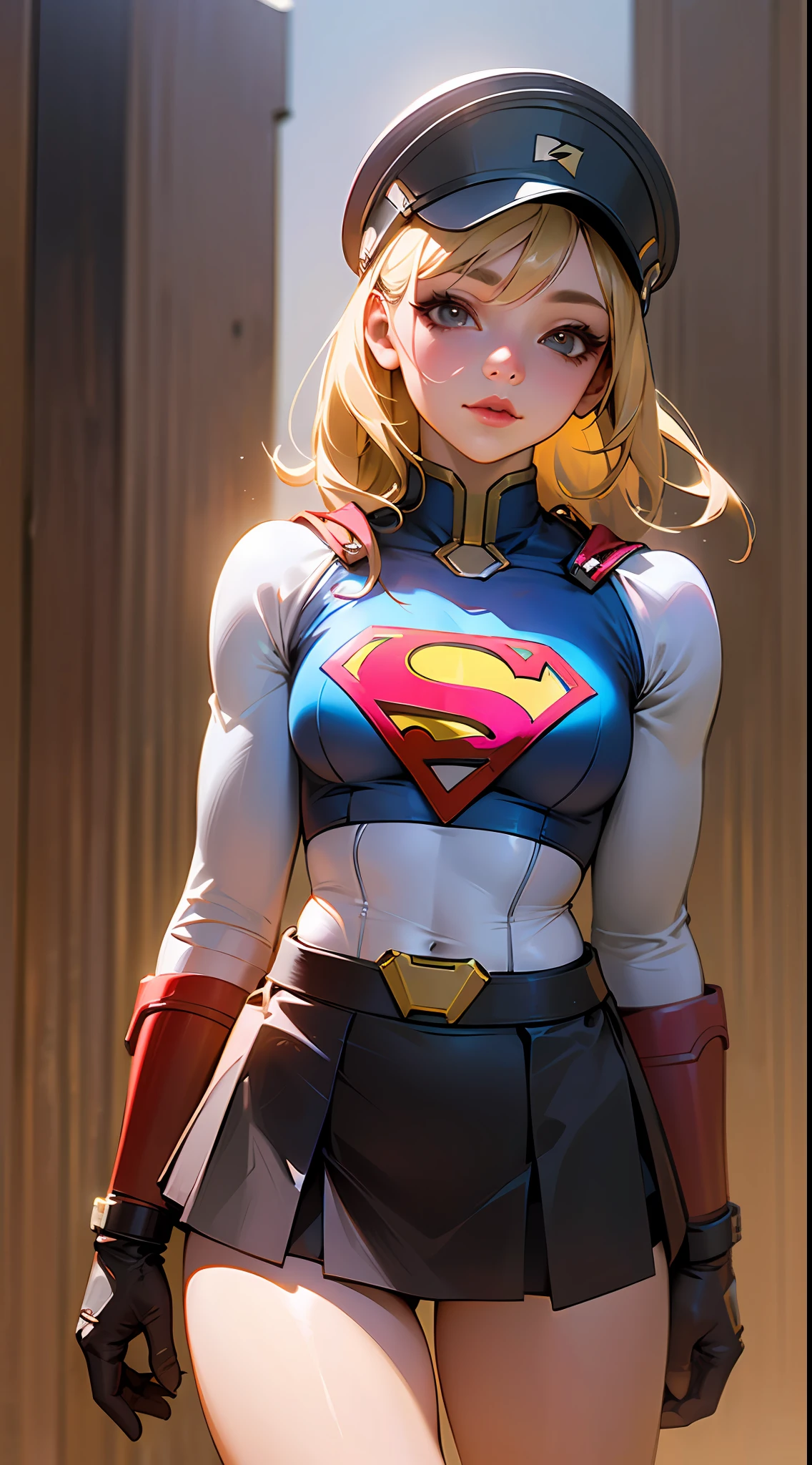 ((Realistic Lighting, Best Quality, 8K, Masterpiece: 1.3)), Focus: 1.2, 1girl, Chinese beauty in perfect shape: 1.4, Fine Abs: 1.1, ((blonde hair)), (Supergirl uniform, atex: 1.4) BDSM ARMS BACK (Woodwood background, Night: 1.1), City streets, Super thin face, Thin eyes, Double eyelids, Miniskirt latex, (Black socks over the knee: 1.5) --auto --s2