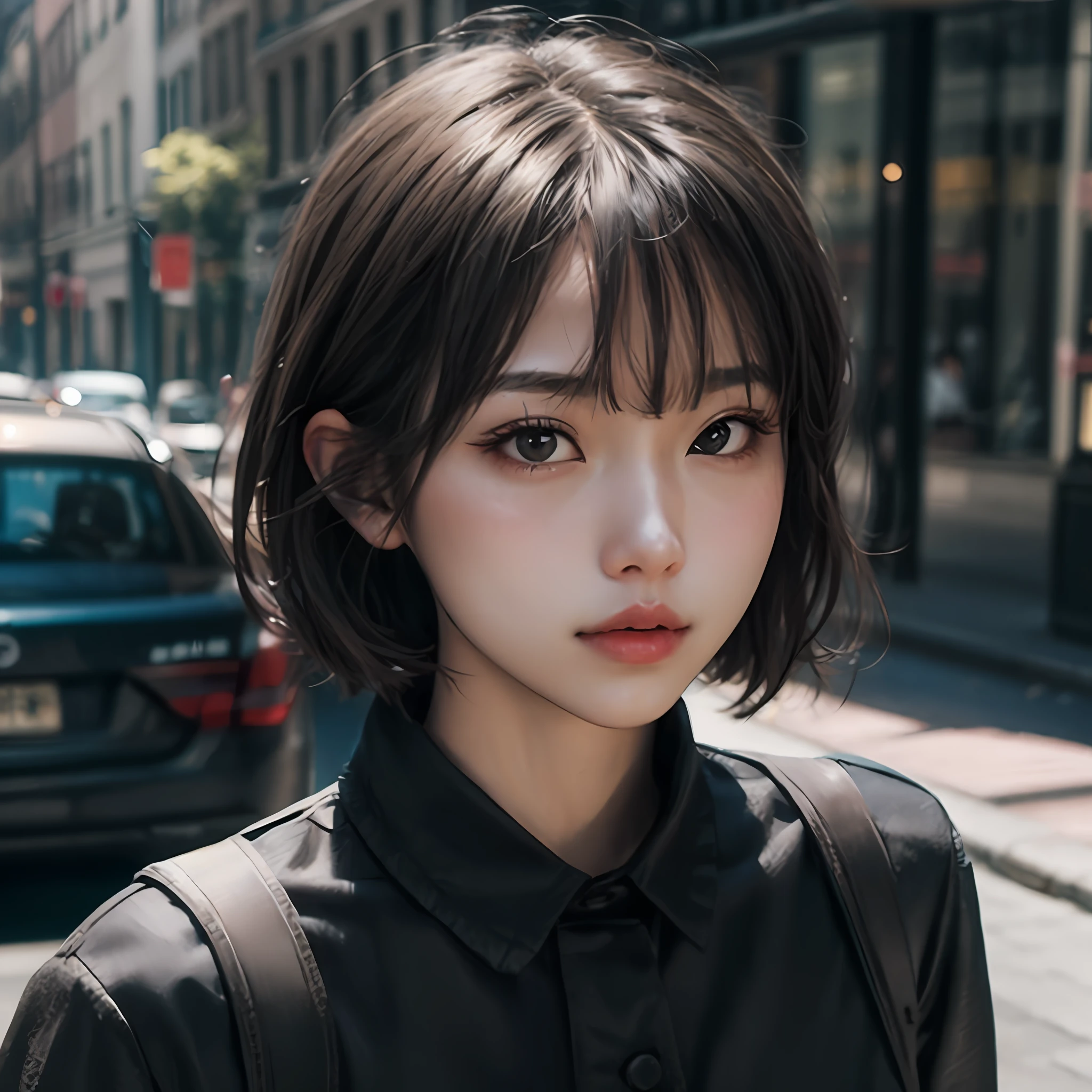 arafed woman with a black shirt and a backpack on a city street, with short hair, with short hair with bangs, south east asian with round face, popular south korean makeup, ulzzang, black hime cut hair, korean girl, popular korean makeup, neat hair with bangs, girl cute-fine-face, young cute wan asian face