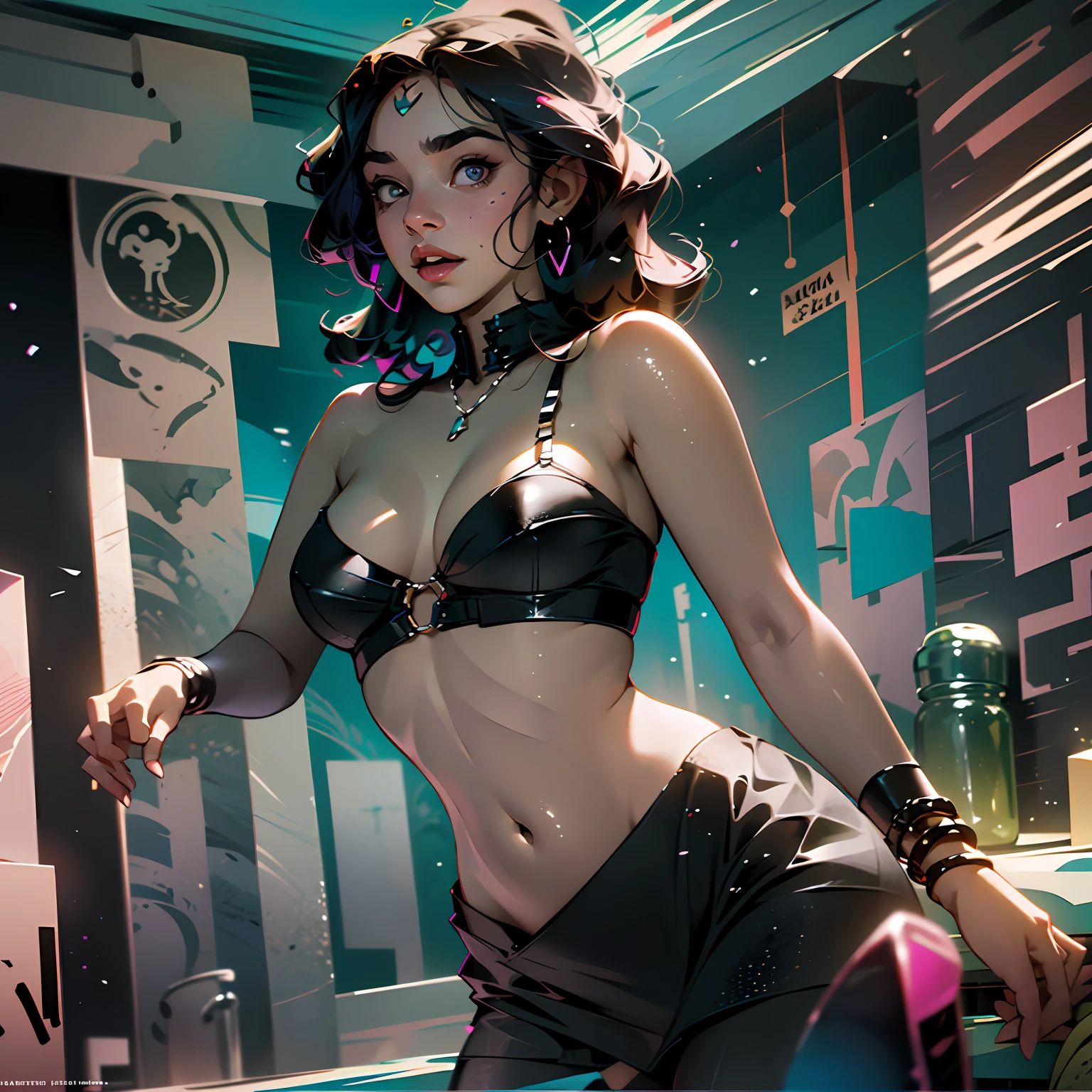 colorful virgin destroyer sweater, 1girl, ((purple skin)) solo, navel, (((mouth closed)))), side tie panties, underboob, huge breasts, highleg panties, octane render, realistic, blacklight, 1girl, (multicolored hair:1.3) (small afro), tattoo, best quality, ultra high res, (((photorealistic:1))), mature female, --auto