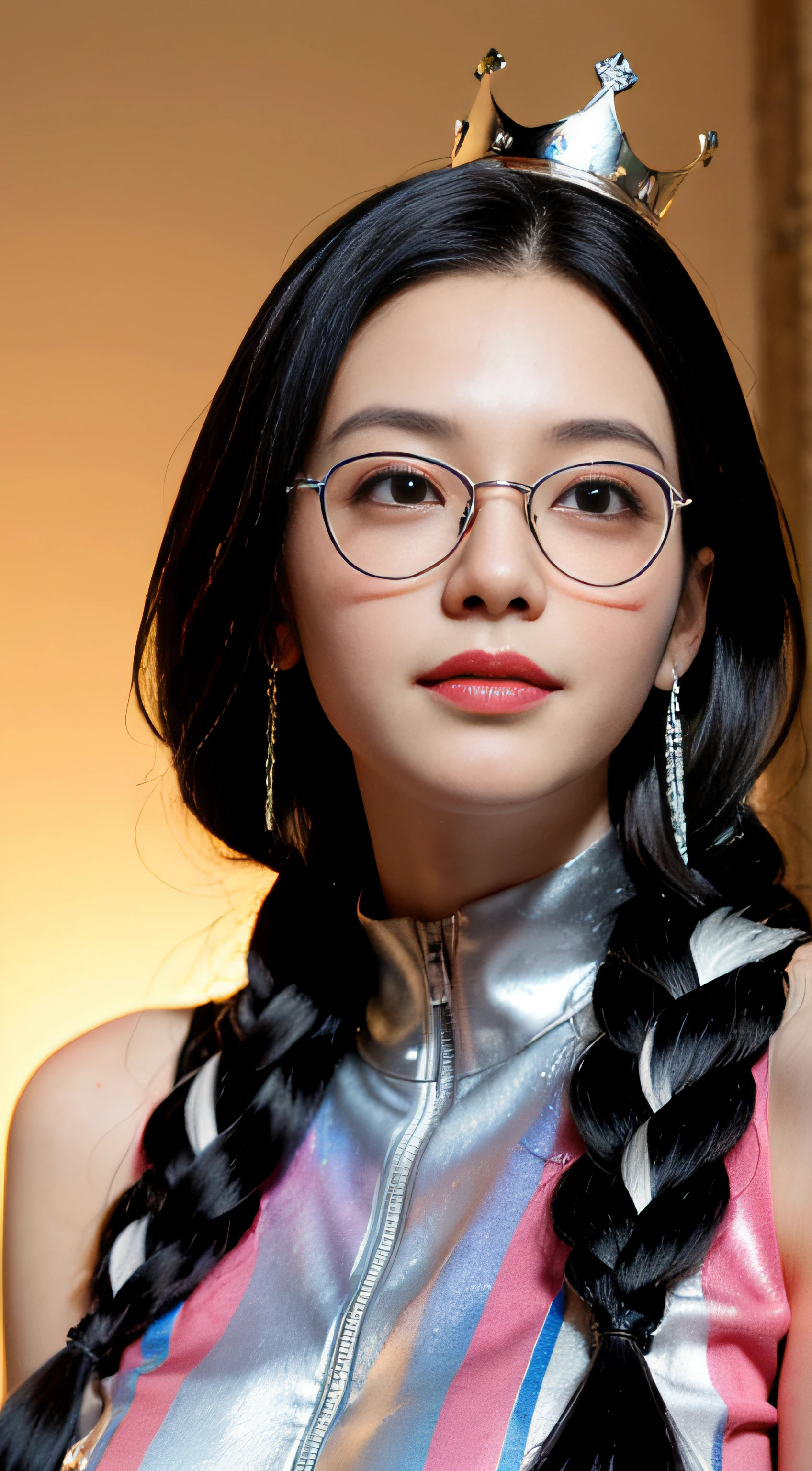 girl, Long hair, Black silk, Sexy, Lovely, Blush, Perfect facial features, multicolored hair, streaked hair, braid, hair strand, shiny hair, crown, rimless eyewear, heart hair ornament, mole under eye, longeyelashes, color contact lenses, smile, parted lips, Realism, Futurism, Art Deco, Expressionism, Contemporary art, chromatic aberration, cinematic lighting, ray tracing, bloom, anaglyph, optical illusion, from below, Sony FE GM, retina, 1080P, UHD, ccurate, textured skin, super detail, award winning, best quality, high details, high quality --chaos 100 --stylize 1000 --style ,