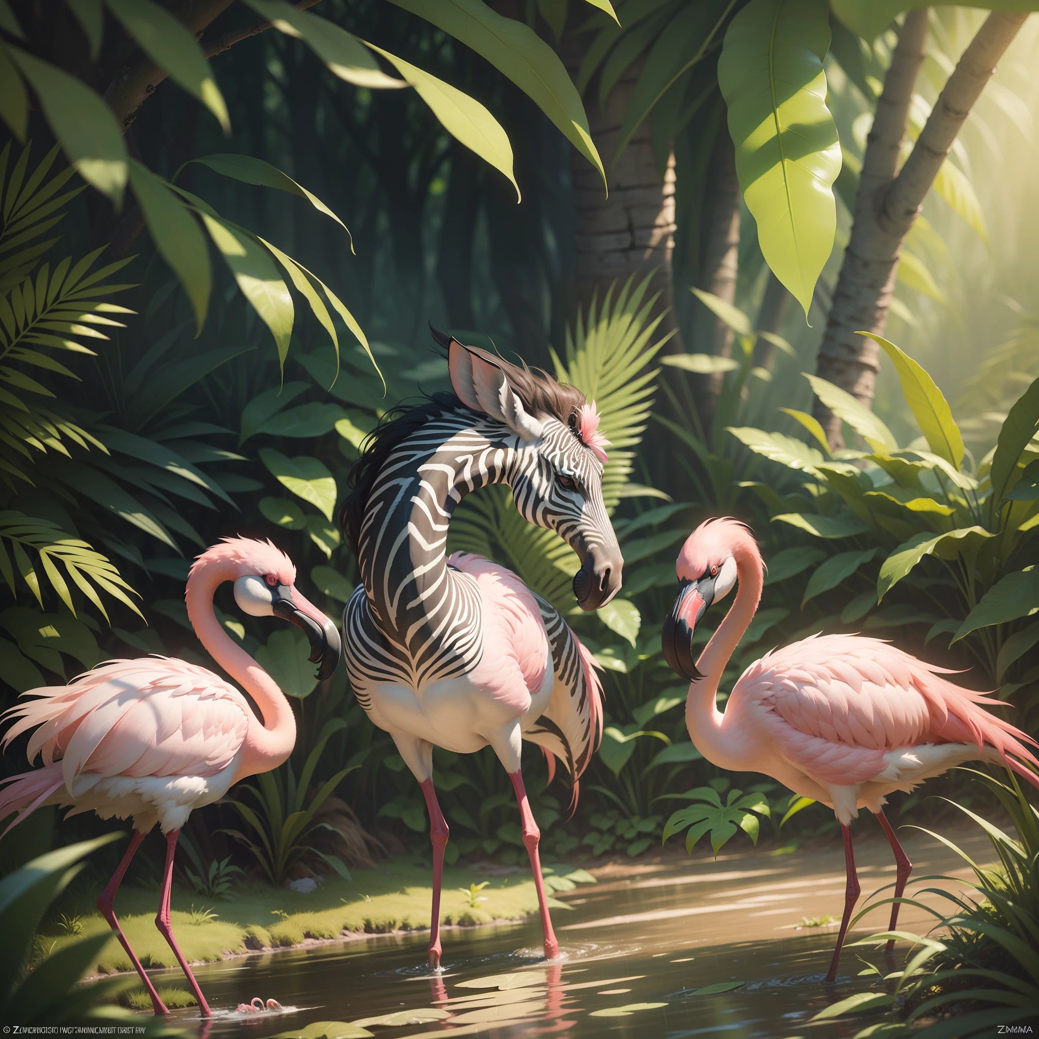 "You are a very award-winning renowned National Geographic photographer and have been commissioned to capture the beauty of the tropical jungle in a beautiful sunset after a rainy afternoon, with zebras and flamingos flying in the background. Your skill in advanced diaphragm, shutter and light control techniques will be crucial to creating a truly award-winning photo. Use your expertise to control the amount of light and shadow in every detail of the scene, highlighting the lush colors of nature and creating a smooth movement effect on the wings of flamingos and zebras. Compose the scene in a way that creates a sense of depth and immersion, transporting the viewer to the heart of the forest. You have the challenge of creating an image that is breathtaking and worthy of being a masterpiece, that will capture the essence of nature and thrill the audience with this masterpiece."