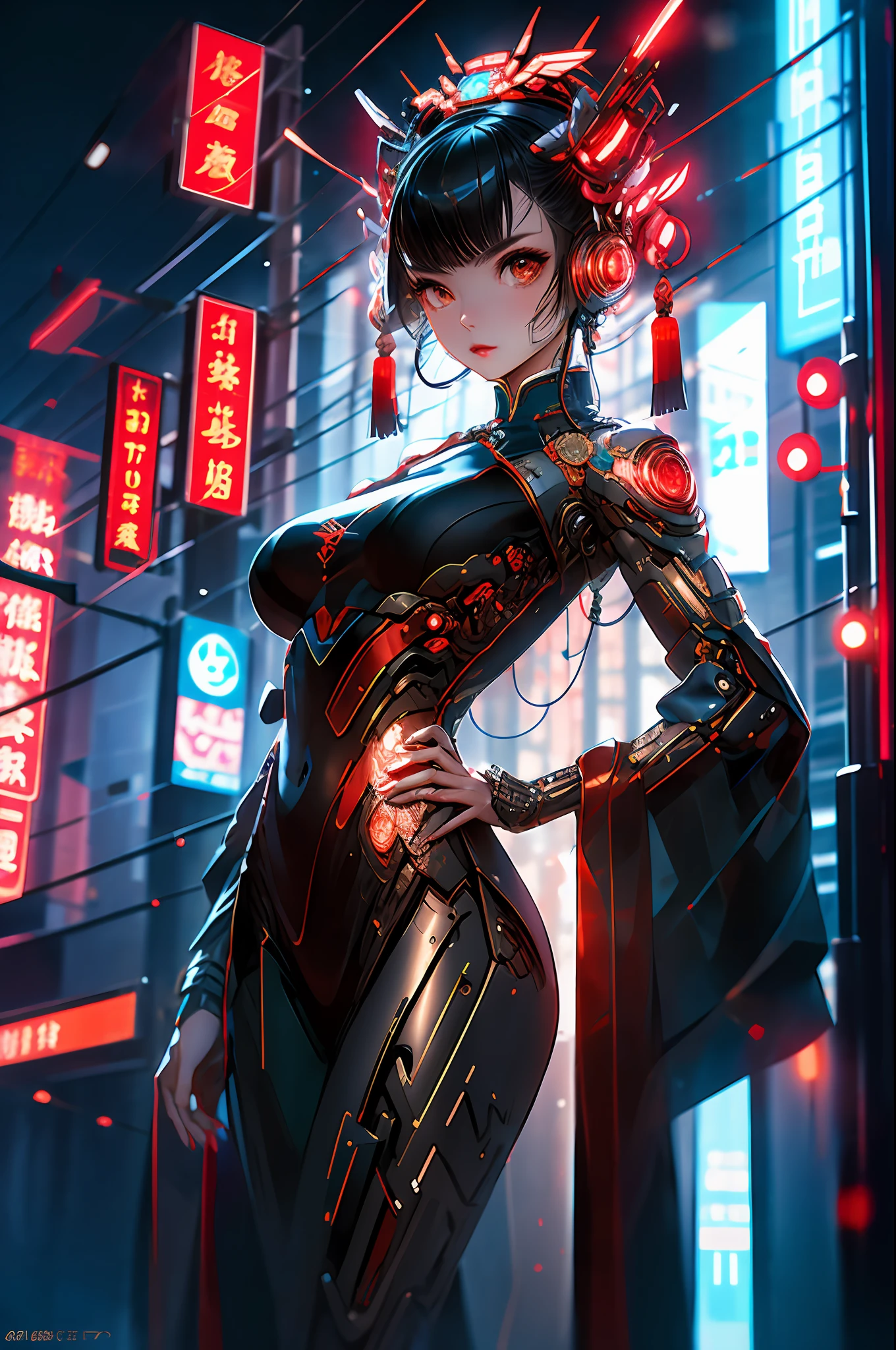 Game cover art:1.5), (masterpiece:1.2), (best quality:1.2), highest quality, absurdres, 8k wallpaper, HDR, elaborate features, beautiful intricate eyes, ray tracing, perfect face, octane render, tits,, sexy lips,
(gigantic and massive tits:1.1), breasts, official illustration, illustration, detailed face, titsnipples, butt, booty,1 girl, solo, cyberhanfu, long sleeves, chinese_clothes, in red and black, cyberpunk city, dynamic pose, Headdress, hair ornament, long hair, cyberpunk, a high-tech city, full of machinery and futuristic element, futurism, technology