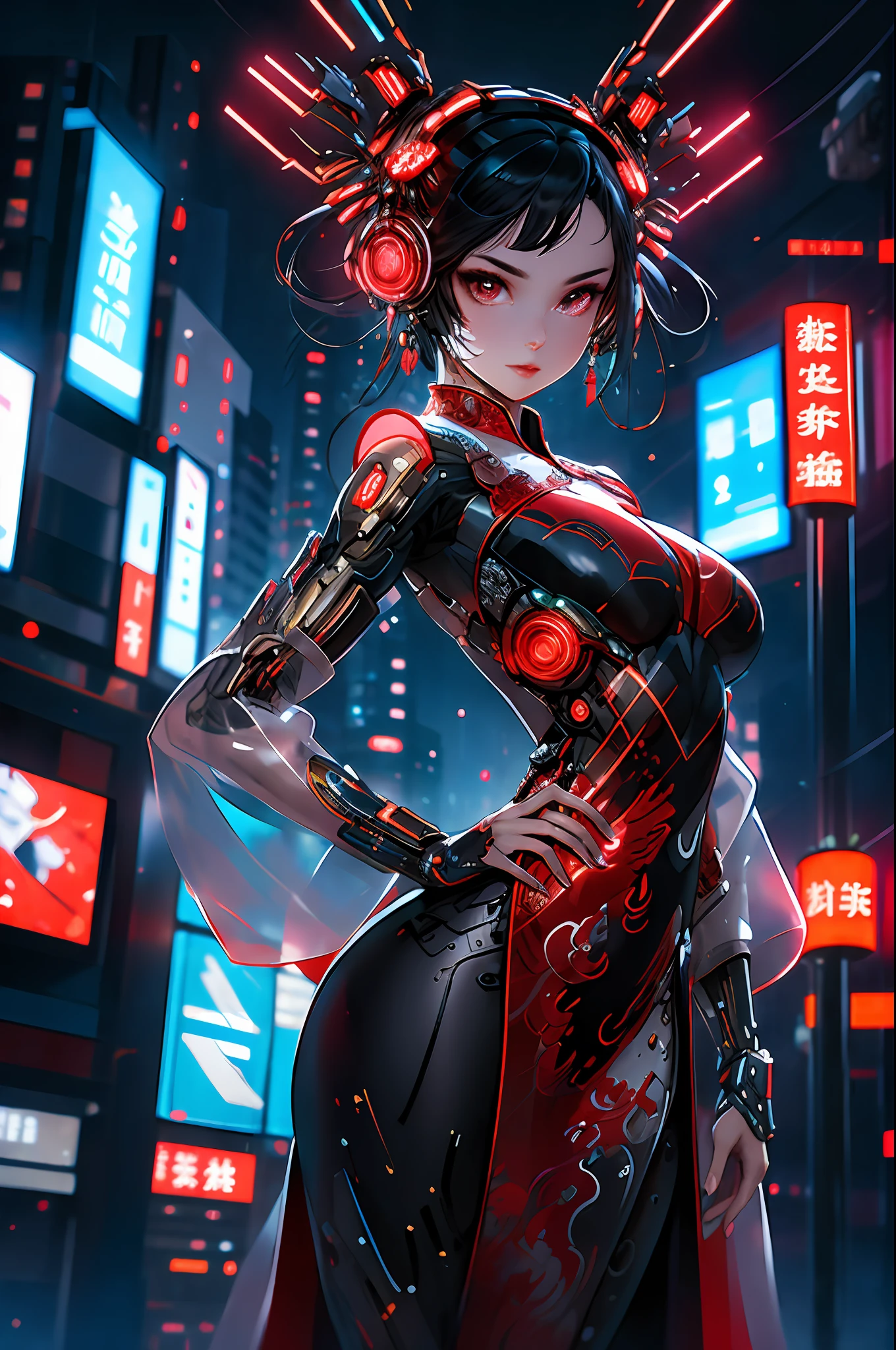 Game cover art:1.5), (masterpiece:1.2), (best quality:1.2), highest quality, absurdres, 8k wallpaper, HDR, elaborate features, beautiful intricate eyes, ray tracing, perfect face, octane render, tits,, sexy lips,
(gigantic and massive tits:1.1), breasts, official illustration, illustration, detailed face, titsnipples, butt, booty,1 girl, solo, cyberhanfu, long sleeves, chinese_clothes, in red and black, cyberpunk city, dynamic pose, Headdress, hair ornament, long hair, cyberpunk, a high-tech city, full of machinery and futuristic element, futurism, technology