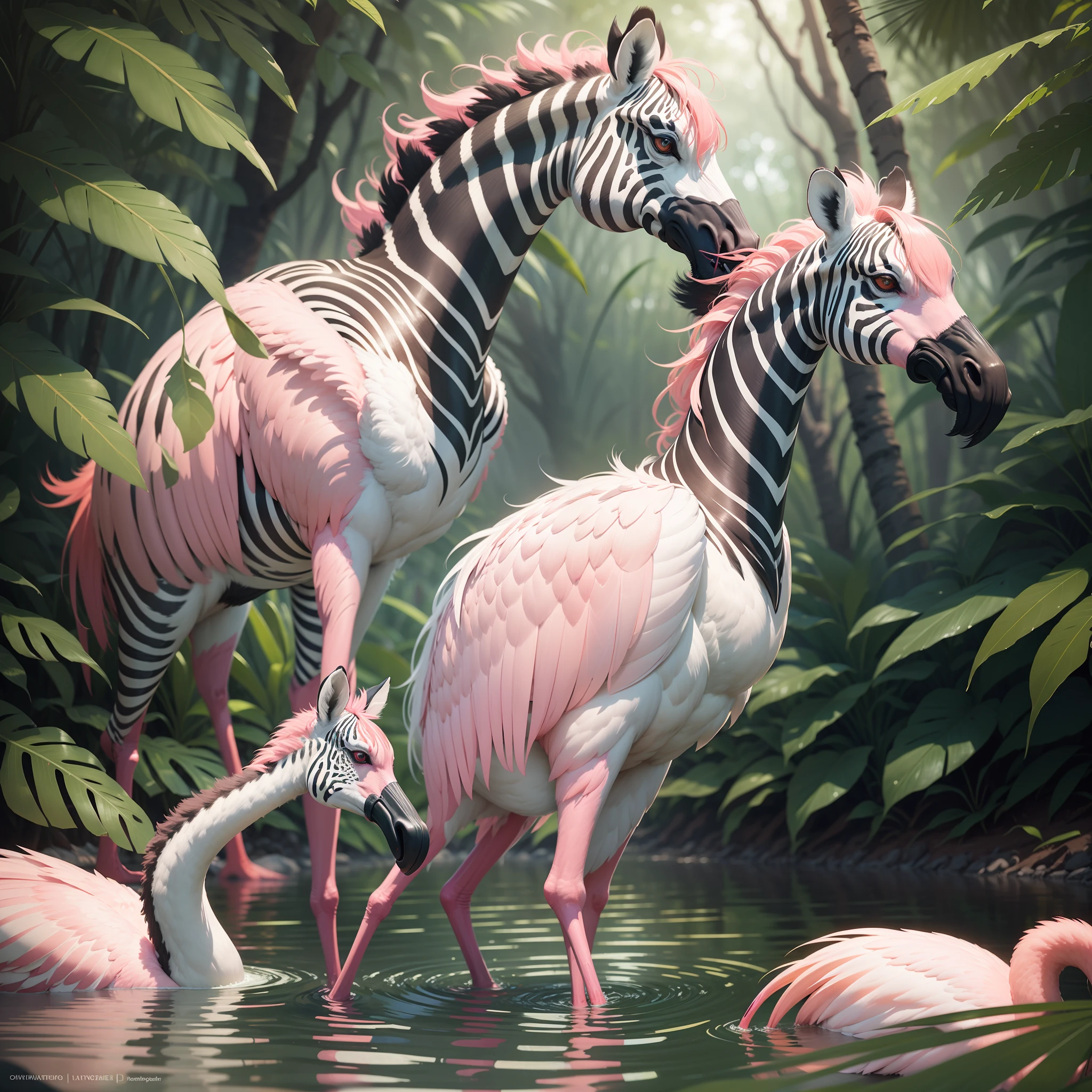 "You are a huge, award-winning National Geographic photographer and have been commissioned to capture the beauty of the tropical jungle in a beautiful sunset after a rainy afternoon, with winged zebras and flamingos flying in the background. Your skill in advanced diaphragm, shutter and light control techniques will be crucial to creating a truly award-winning photo. Use your expertise to control the amount of light and shadow in every detail of the scene, highlighting the lush colors of nature and creating a smooth movement effect on the wings of flamingos and zebras. Compose the scene in a way that creates a sense of depth and immersion, transporting the viewer to the heart of the forest. You have the challenge of creating an image that is breathtaking and worthy of being a masterpiece, that will capture the essence of nature and thrill the audience with this masterpiece."