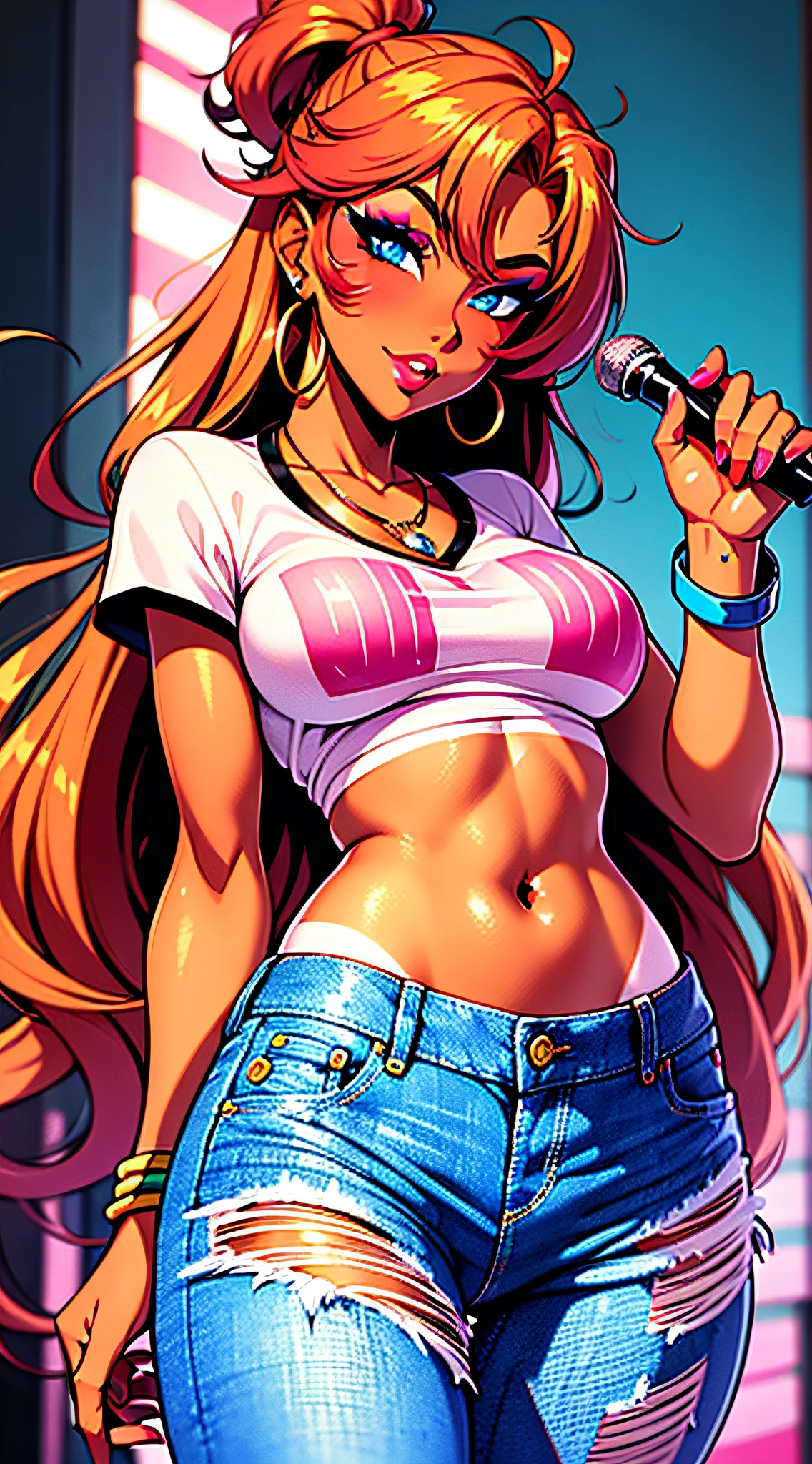 1girl, solo, transgender female, red hair, blue eyes, tan, tan skin, ganguro, long hair, wearing a black and pink anime tshirt, denim jeans, tanlines, makeup, wristband, lipstick, jewelry