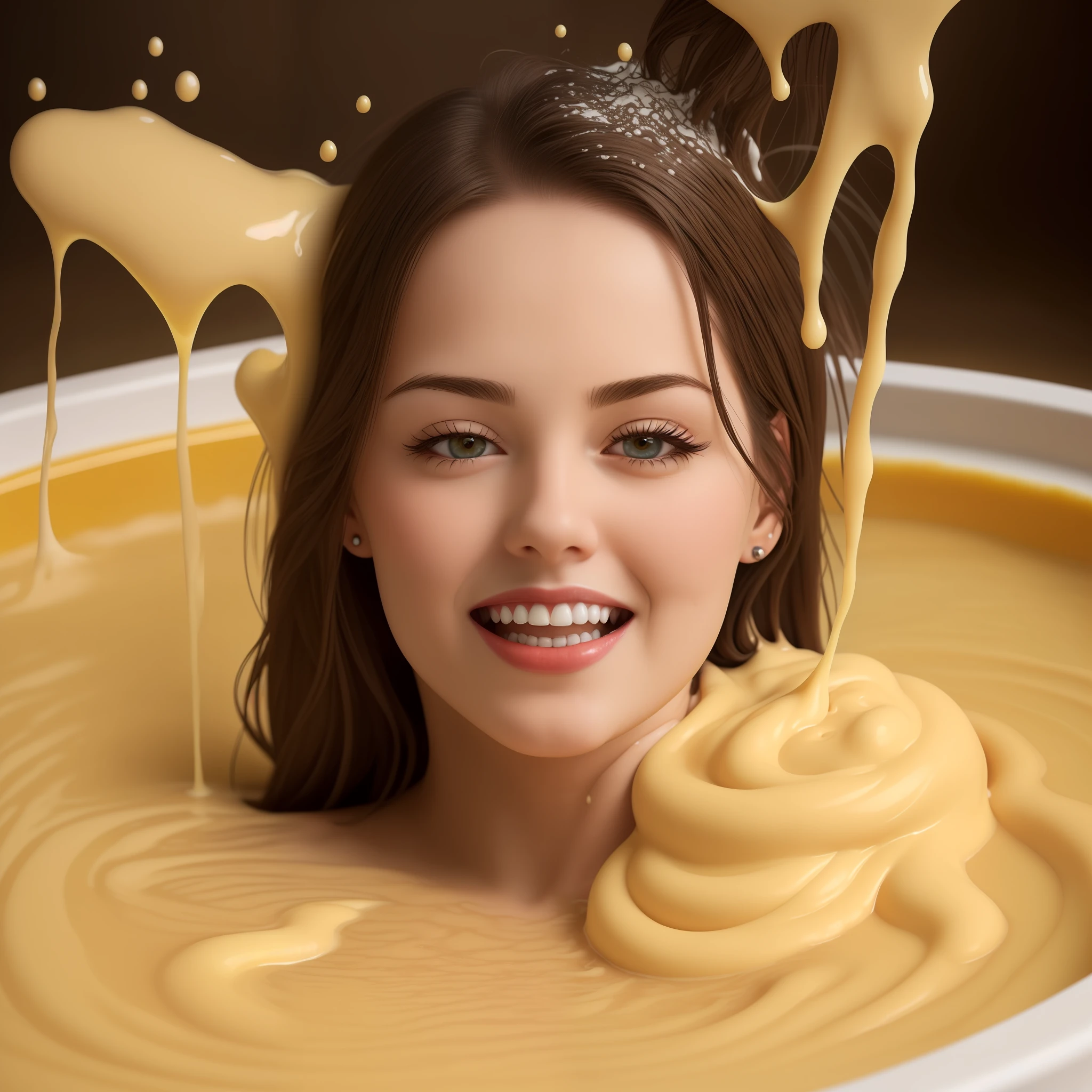 Photo realism, 8k, detailed, a hot tub full to the brim with yellow custard, thick yellow liquid fills the hot tub, a beautiful sexy woman is sitting in the hot tub, wearing a smart navy shirt, aged 22, pretty, perfect face, make up, red lips, long brown hair, ((laughing as custard pours onto her head and hair)), she is engulfed in the thick yellow liquid