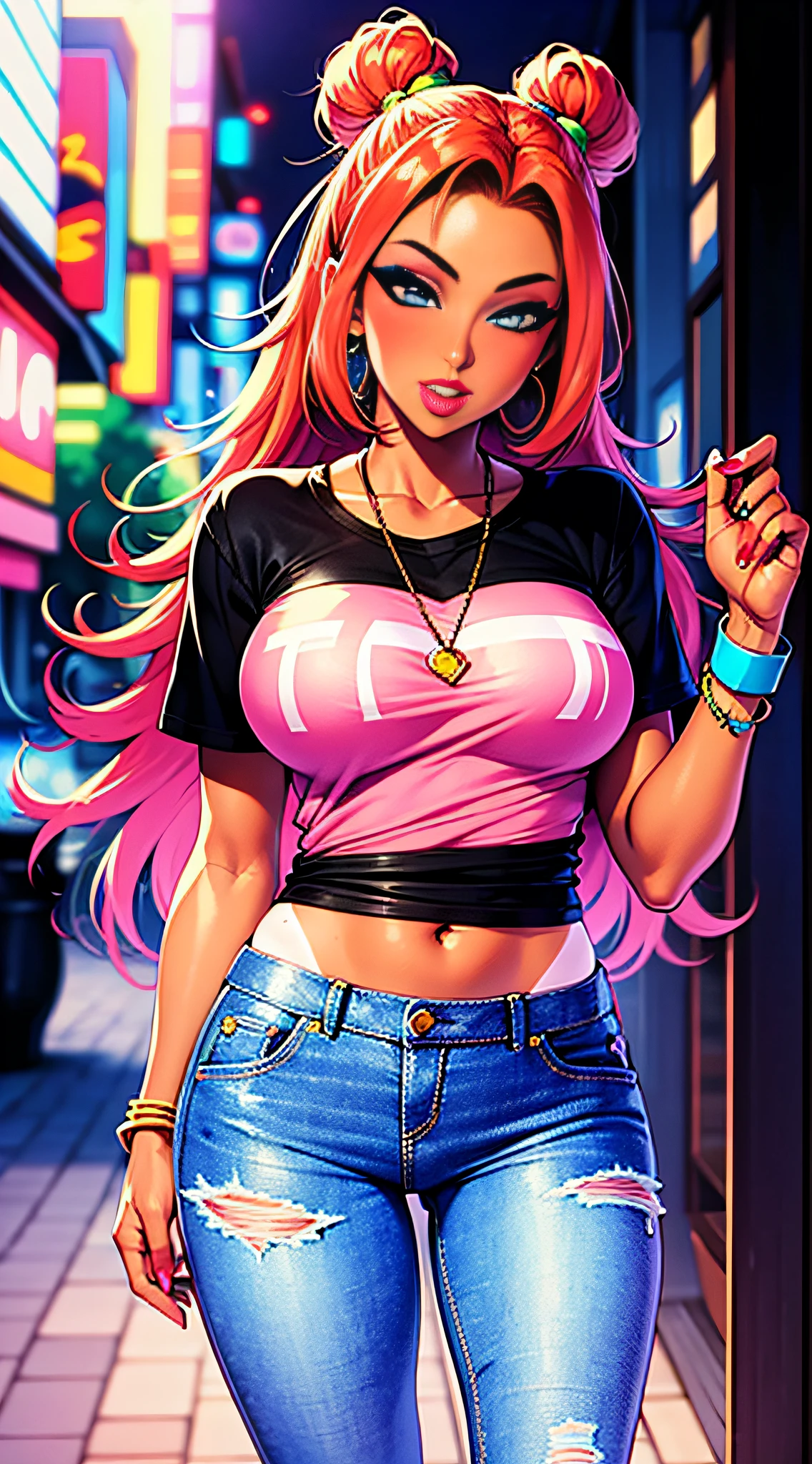 1girl, solo, transgender female, red hair,  blue eyes, tan, tan skin, ganguro, long hair, wearing a black and pink anime tshirt, denim jeans, tanlines, makeup, wristband, lipstick, jewelry