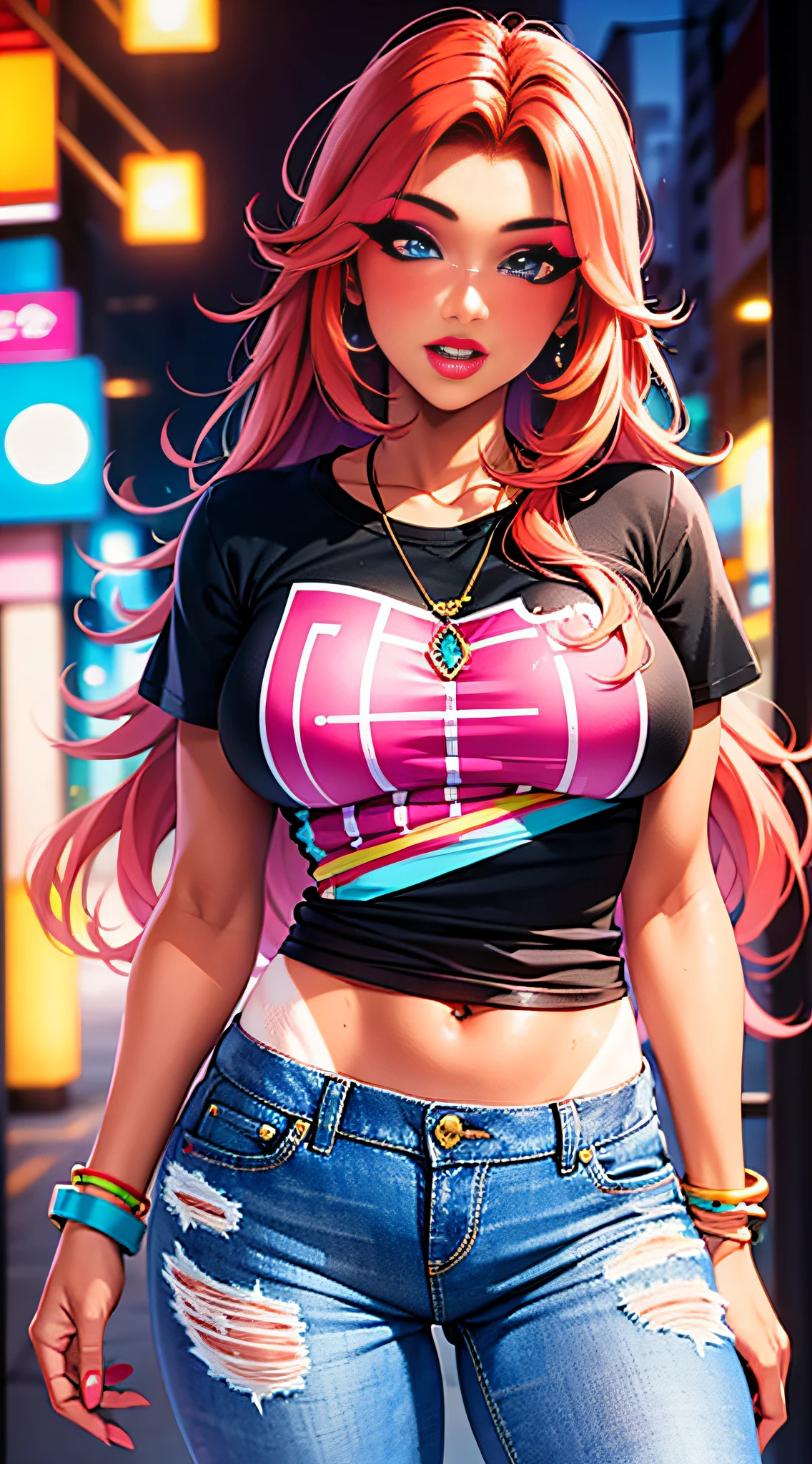 1girl, solo, transgender female, red hair, blue eyes, tan, tan skin, ganguro, long hair, wearing a black and pink anime tshirt, denim jeans, tanlines, makeup, wristband, lipstick, jewelry
