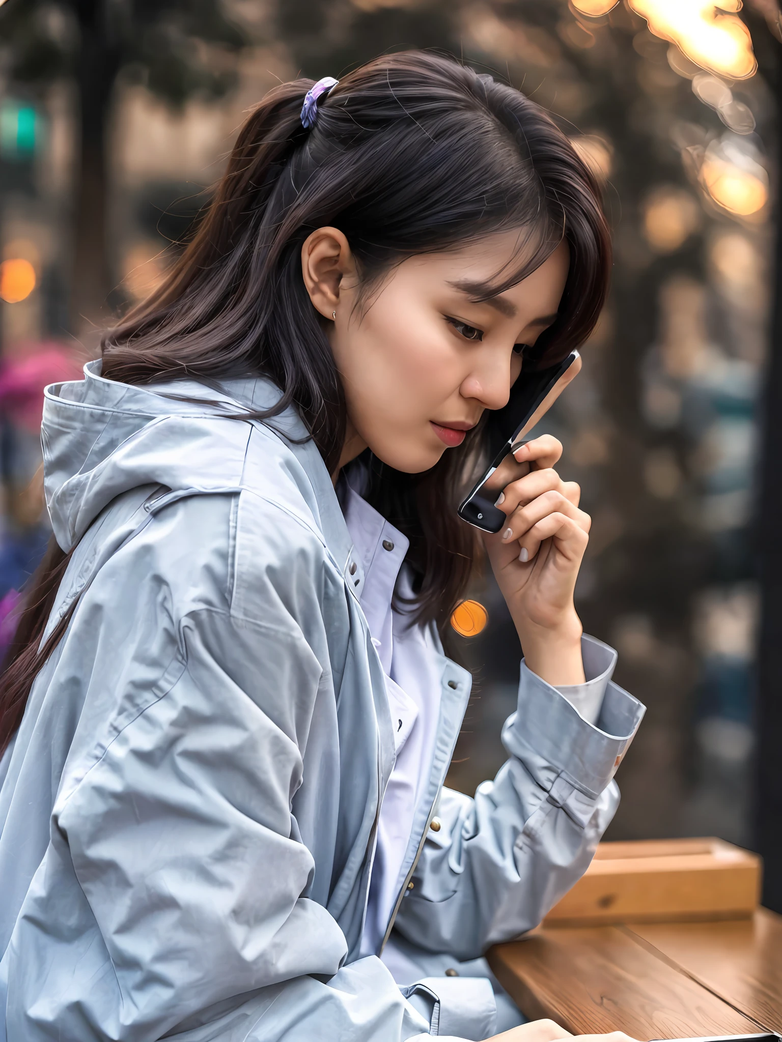 woman sitting at a table with a cell phone in her hand, dang my linh, very low quality, profile picture, ruan cute vtuber, checking her phone, low quality, very very low quality, in city street, ☁🌪🌙👩🏾, profile picture 1024px, very very low quality picture, 😭 🤮 💕 🎀