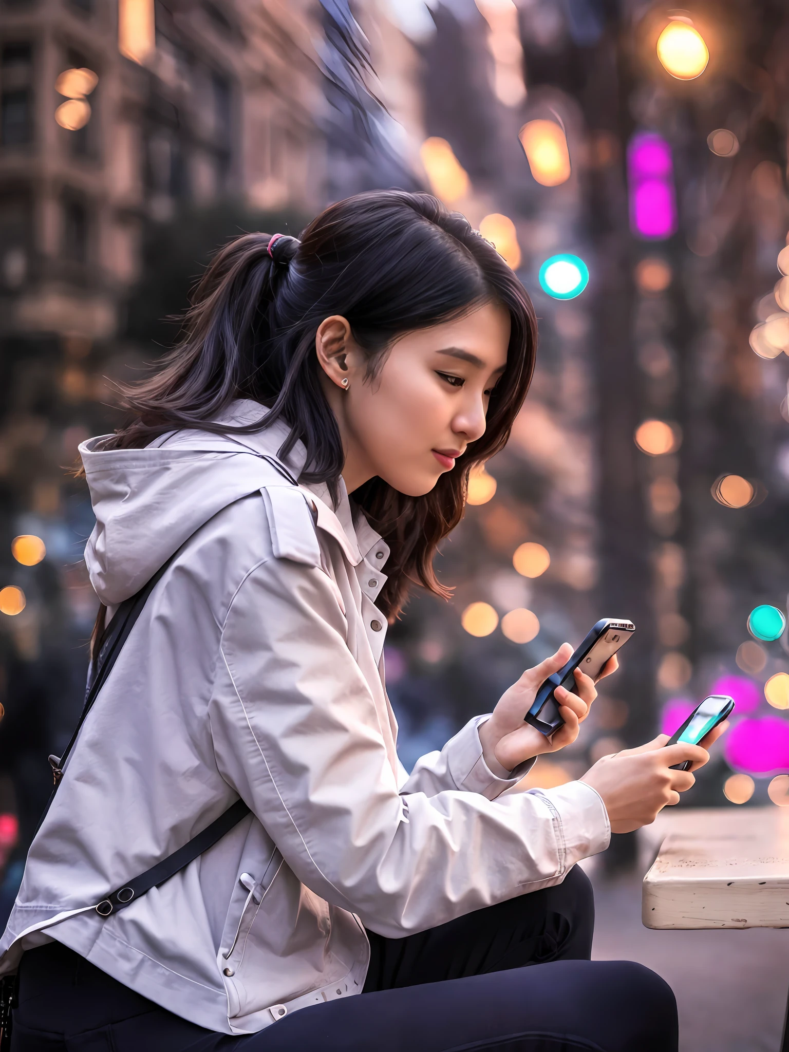 woman sitting at a table with a cell phone in her hand, dang my linh, very low quality, profile picture, ruan cute vtuber, checking her phone, low quality, very very low quality, in city street, ☁🌪🌙👩🏾, profile picture 1024px, very very low quality picture, 😭 🤮 💕 🎀
