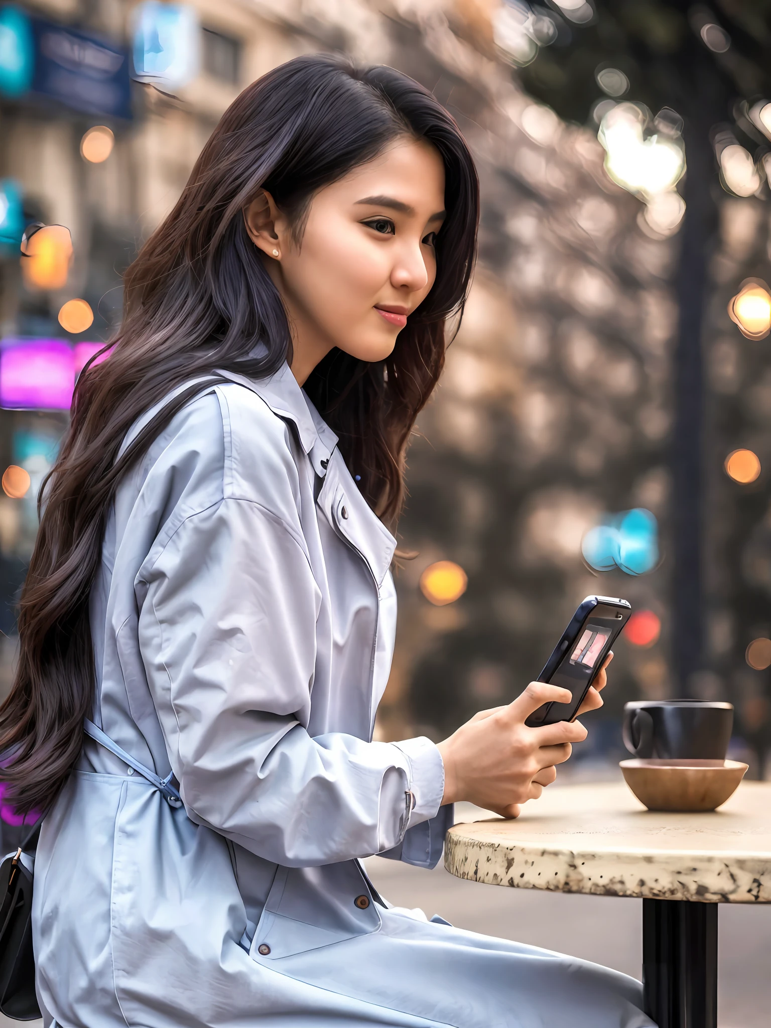 woman sitting at a table with a cell phone in her hand, dang my linh, very low quality, profile picture, ruan cute vtuber, checking her phone, low quality, very very low quality, in city street, ☁🌪🌙👩🏾, profile picture 1024px, very very low quality picture, 😭 🤮 💕 🎀