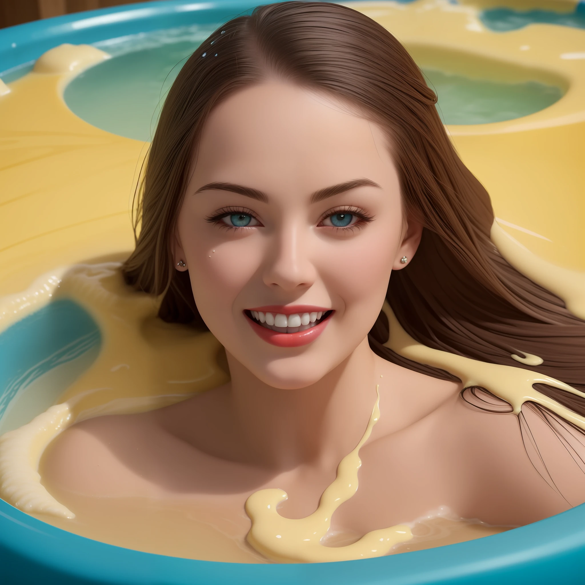 Photo realism, 8k, detailed, a hot tub full to the brim with yellow custard, thick yellow liquid fills the hot tub, a beautiful sexy woman is sitting in the hot tub, wearing a smart navy shirt, aged 22, pretty, perfect face, make up, red lips, long brown hair, ((laughing as custard pours onto her head and hair)), she is engulfed in the thick yellow liquid