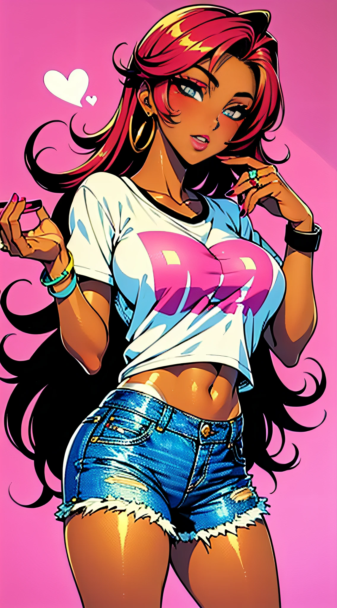 1girl, solo, transgender female, red hair,  blue eyes, tan, tan skin, ganguro, long hair, wearing a black and pink anime tshirt, denim jeans, tanlines, makeup, wristband, lipstick, jewelry