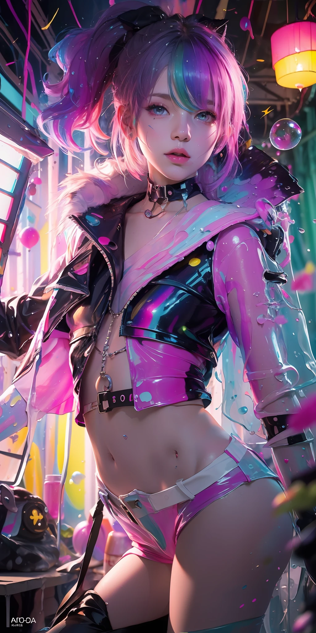 Full body, 1slime girl, loli, solo, eye focus with elaborate glow, pink lens flare, movie background, colorful, hyperdetailed, HDR, ultra-detailed eyes, mature, plump, rainbow drops, (supermodel:1.3), composed of paint, fully painted, splash, splash, indoor, (bioluminescent hair: 1.1), (glowing eyes), (makeup)), ferocious, powerful, splashing colors absolutely eye-catching, dynamic angles, beautiful details glow, ambient occlusion, ambient light, ray-traced reflections, retro style, life arcade characters, arcade style world, gloves, jacket, weapons, shorts, black gloves, black jacket, gun, drill hair, black shorts, headglasses, blowing bubbles, chewing gum, (cute face:1.3), --s2