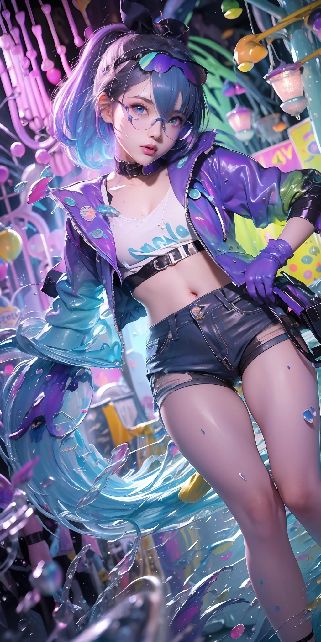 Full body, 1slime girl, li, solo, eye focus with elaborate glow, pink lens flare, movie background, colorful, hyperdetailed, HDR, ultra-detailed eyes, mature, plump, rainbow drops, (supermodel:1.3), composed of paint, fully painted, splash, splash, indoor, (bioluminescent hair: 1.1), (glowing eyes), (makeup)), ferocious, powerful, splashing colors absolutely eye-catching, dynamic angles, beautiful details glow, ambient occlusion, ambient light, ray-traced reflections, retro style, life arcade characters, arcade style world, gloves, jacket, weapons, shorts, black gloves, black jacket, gun, drill hair, black shorts, headglasses, blowing bubbles, chewing gum, (cute face:1.3), --s2