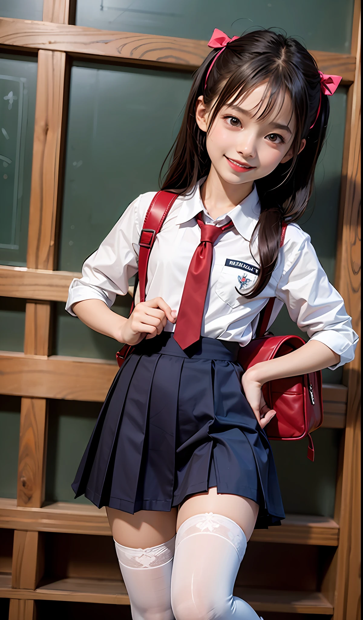 An eight-year-old girl, loli, young girl, smiling, red schoolboy backpack, cute school uniform, animal hanging, white stockings,