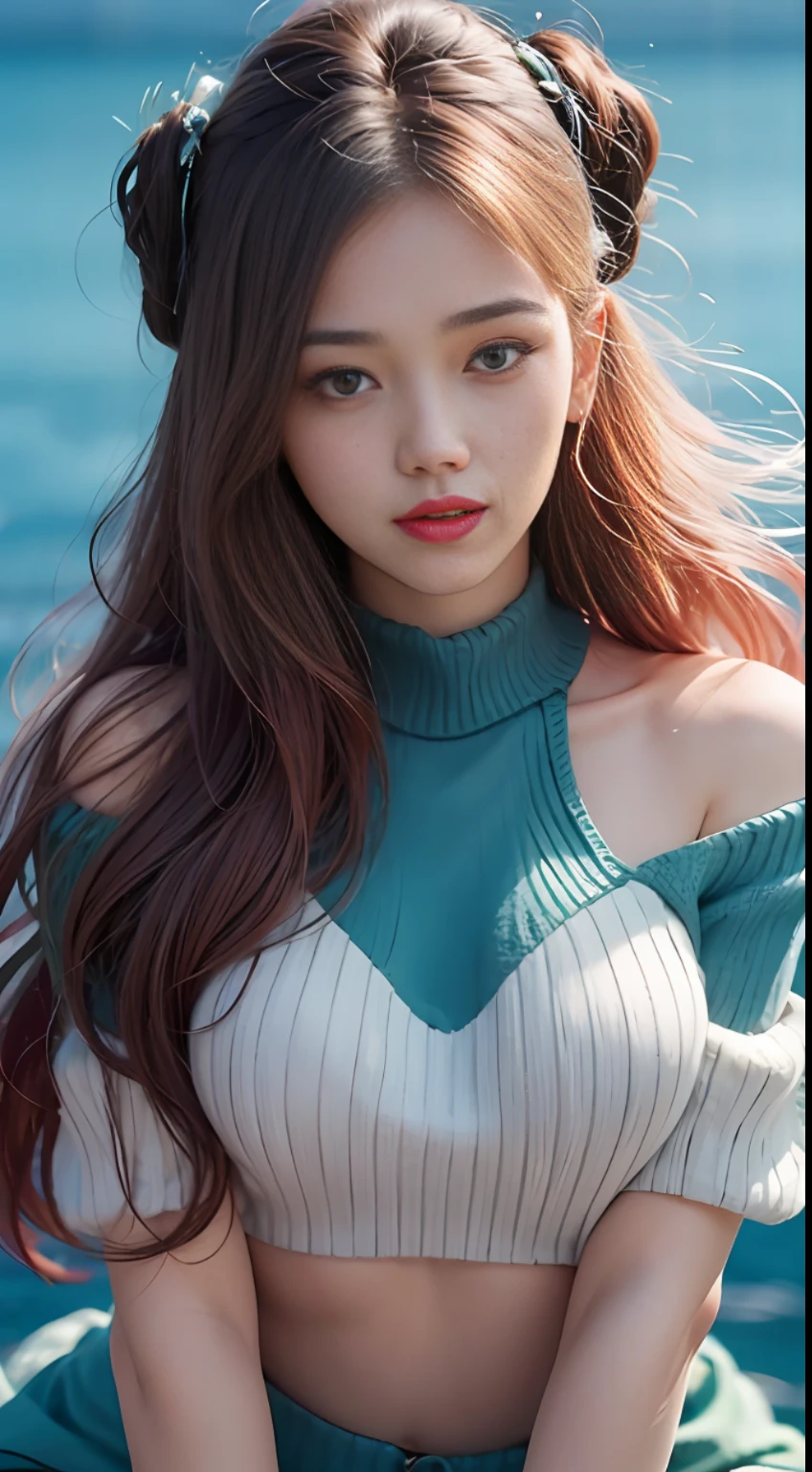 (Fluorescent color: 1.4), (Translucent: 1.4), (Vintage filter: 1.4), (Fantasy: 1.4), (Real: 1.5), kind and gentle beautiful girl, (((sea background,))), bright big eyes, supple fair and translucent skin, delicate and complete facial features, sexy pink lips, flowing silky hair, charming temperament, realistic details, wearing an off-the-shoulder sweater, not leaking perfect figure