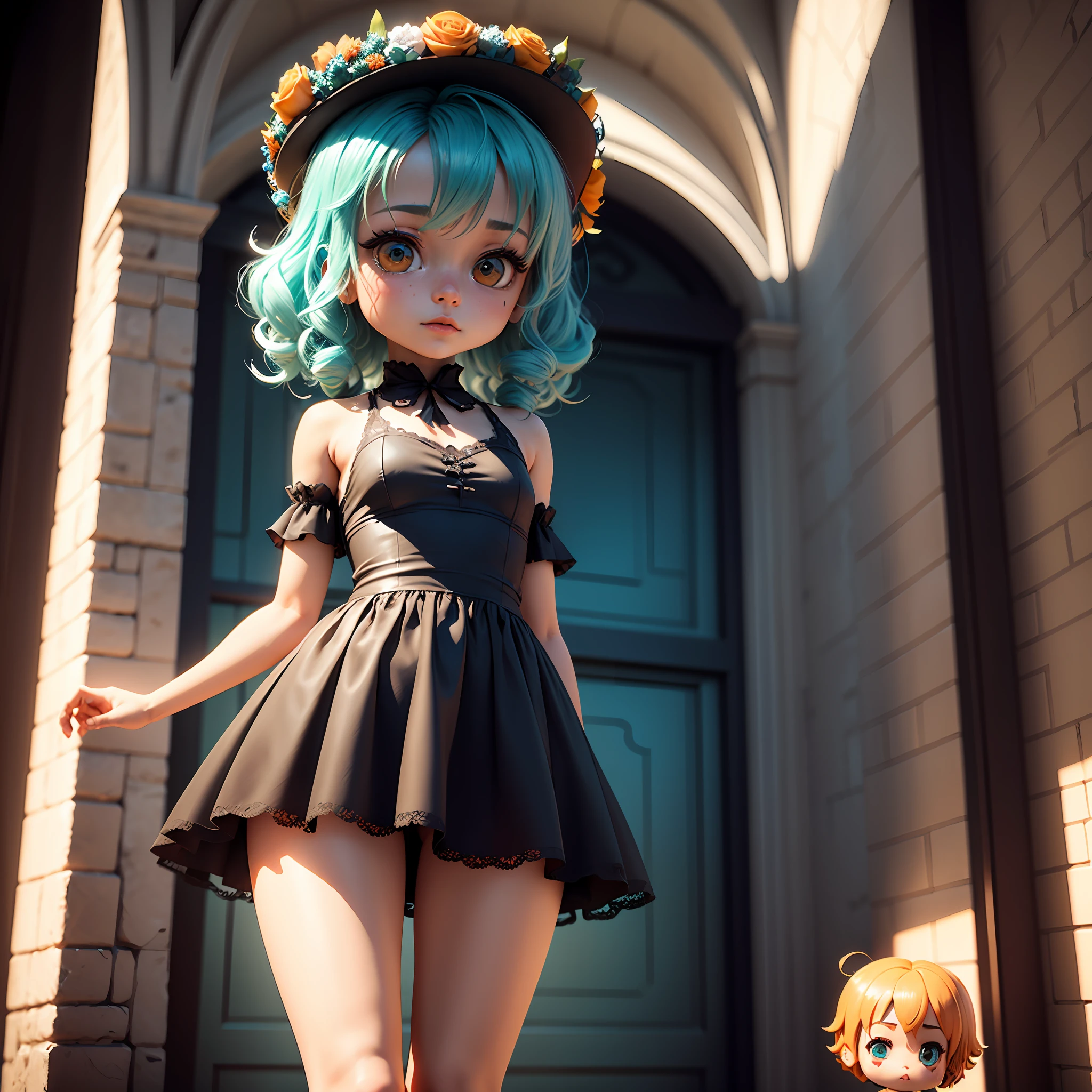 (((chibi 3d))) (dark shot: 1.4), 80mm, pretty pretty woman with curly long hair (color makeup Dia de Muertos: 1.3): posing in a luxurious castle, wreath of roses (over the head: 1.2), black lace detail, 4k, 8k, (complex detail: 1.12), HDR, (complex detail, hyper detail: 1.15), (natural skin texture, Hyperrealism, Soft Light, Sharp: 1.2), Soft Light, Sharp, Exposure Blend, Medium Shot, Bokeh, (HDR: 1.4), High Contrast, (Cinematic, Teal, Orange: 0.85), (Muted Colors, Dim Colors, Muted Tones: 1.3), Low Saturation, (Hyper Detail: 1.2), (Noir: 0.4)( chibi 3d))) --auto