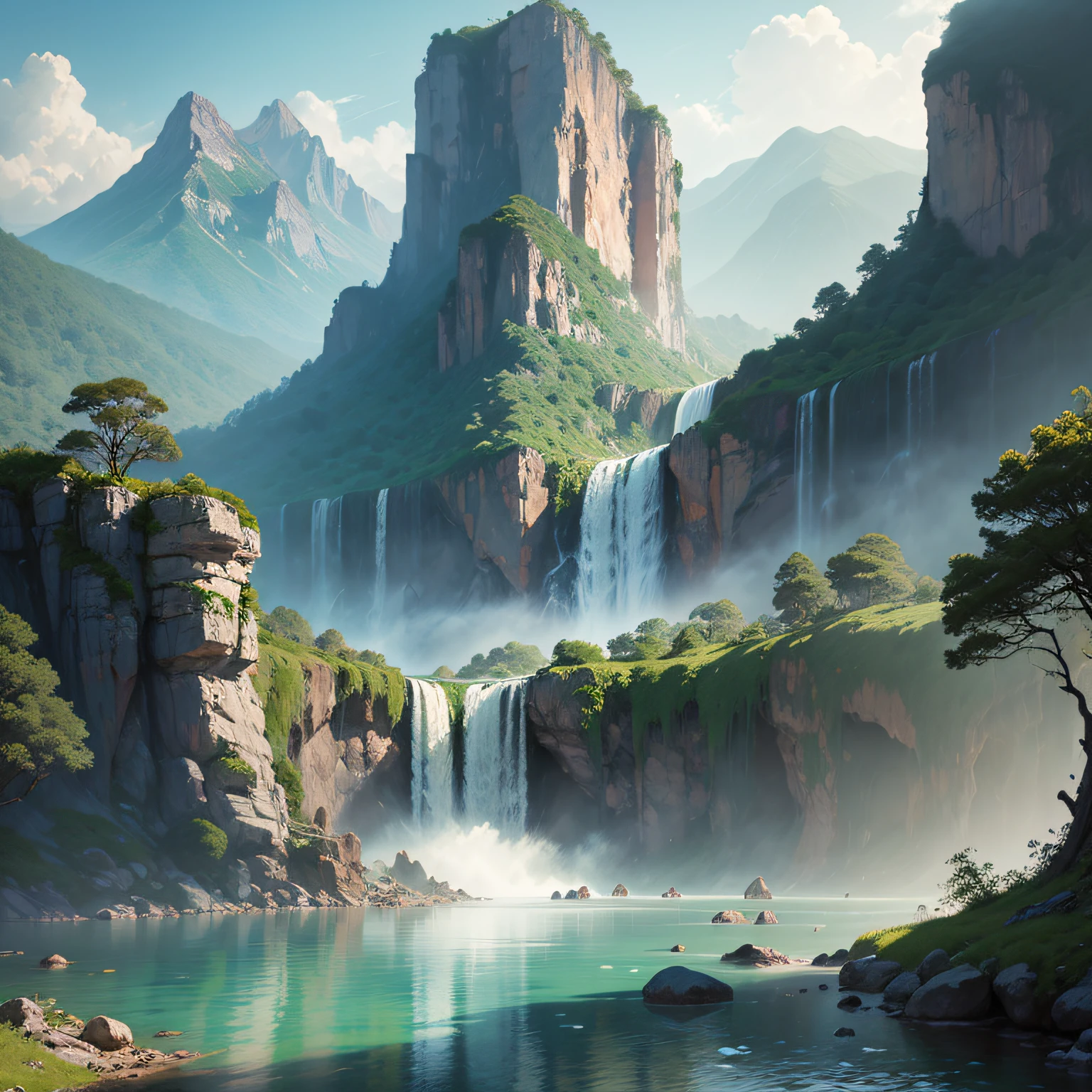 Very high waterfall in a lake with crystal clear waters surrounded by mountains with jungle. Digital painting, artstation, concept art, soft focus, sharp, illustration.