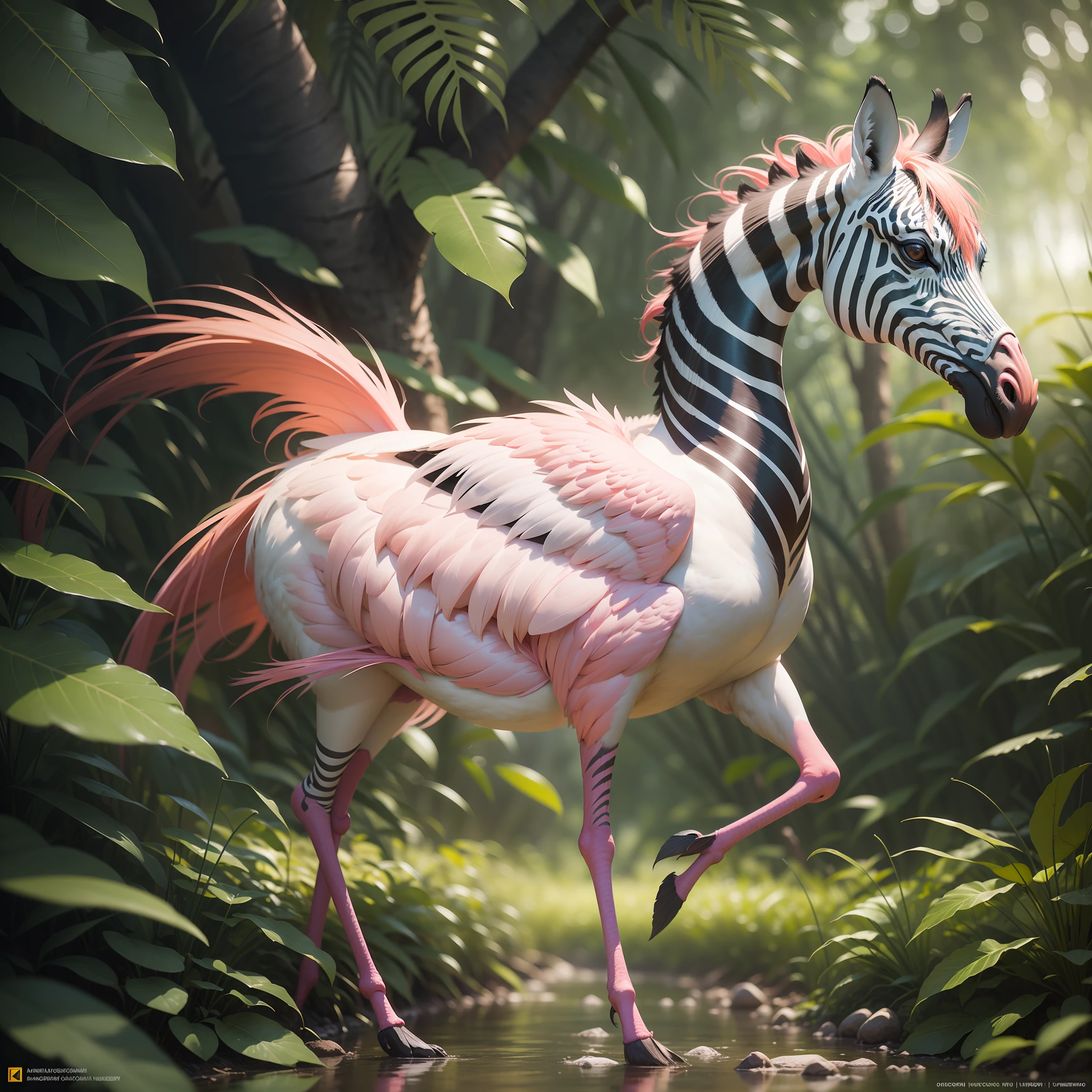 "You are a huge, award-winning National Geographic photographer and have been commissioned to capture the beauty of the tropical jungle in a gorgeous sunset after a rainy afternoon, with winged zebras and angelic flamingos soaring in the background like Michelangelo. Your skill in advanced diaphragm, shutter and light control techniques will be crucial to creating a truly award-winning photo. Use your expertise to control the amount of light and shadow in every detail of the scene, highlighting the lush colors of nature and creating a smooth movement effect on the wings of flamingos and winged zebras Compose the scene in a way that creates a sense of depth and immersion, transporting the viewer to the heart of the forest. You have the challenge of creating an inspiring image that conveys joy of dreaming and that is breathtaking and worthy of being an angelic masterpiece, which will capture the essence of nature and thrill the audience with this masterpiece."