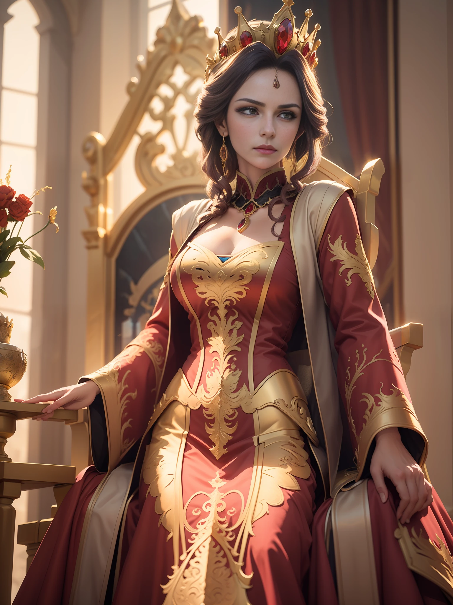 best quality, masterpiece, detail, intricate details, realistic cinematic lighting, (fantasy art: 1.6), (ceza: 1.1), (façade: 1.2), upright, royal, majestic, queen, (huge and golden thrones: 1.4), crown, close up front, solemn, throne, upright posture, serious, dignity, gaze ahead, contemplation, jewelry, solo, divine light, 1 woman, (gold and red dresses:1.2), golden palace,mirelia