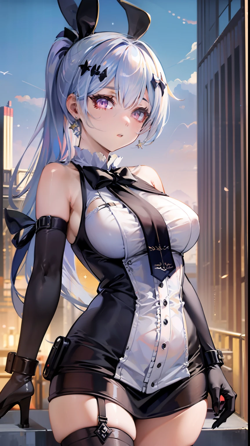 ((Masterpiece)), transparent super tight suit, ultra detailed, clothes under clothes, innocent and **** look, shy pose, super detailed eyes, super detailed clothes, looking at the viewer, delicate and **** body, rabbits and stars in the background, super detailed background, unique art, fantasy scenery