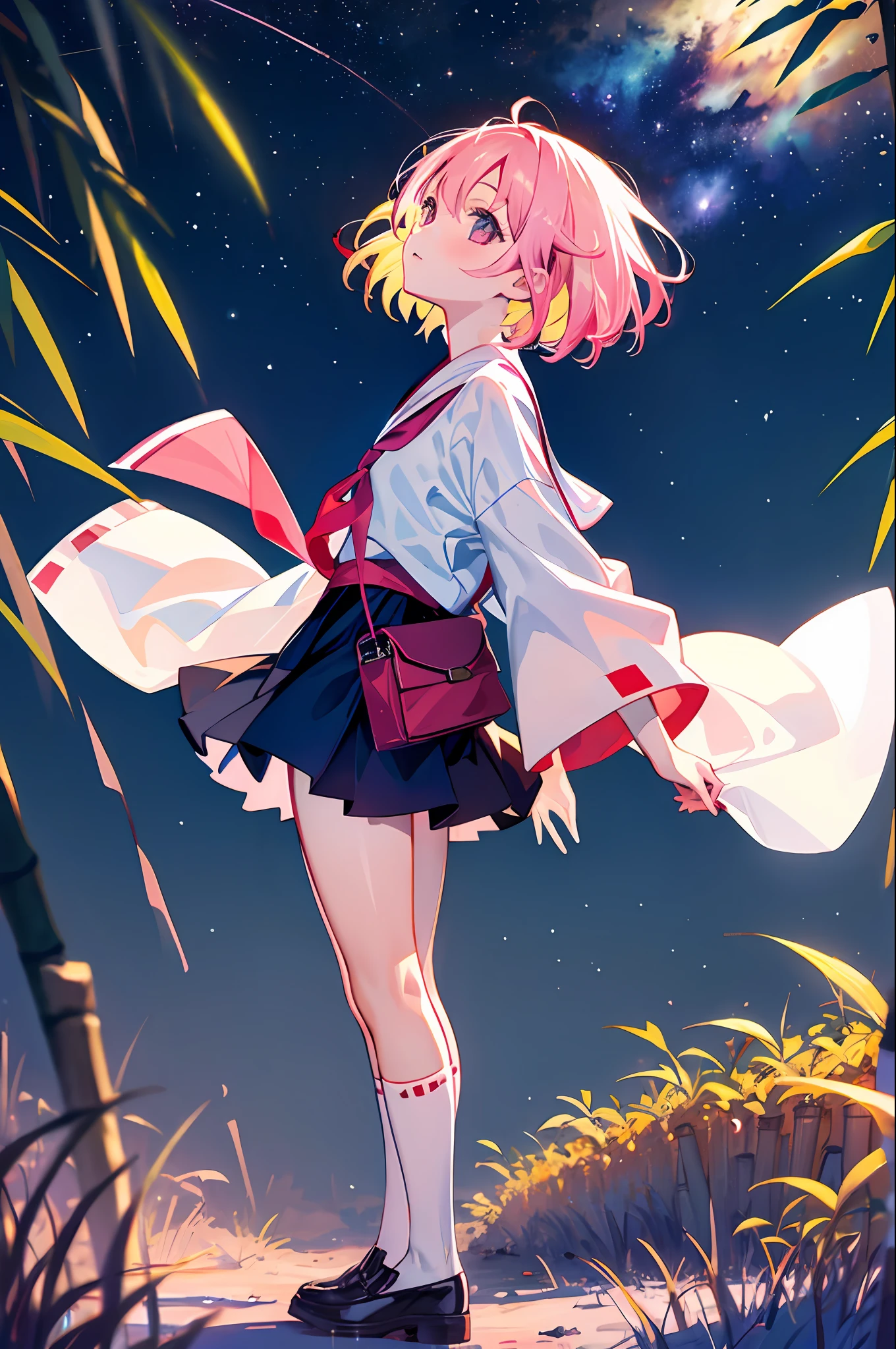 Top Quality, Masterpiece, Ultra Realistic, High Definition, Very Detailed, 8k, One Girl, Cute, Anime, Crystal Clear White Skin, Asian Girl, Full Body, Junior High School, 14 Years Old, Children, (Hair Color is Pink), Tanabata, Strips, Bamboo Leaves, Looking Up at Many Starry Sky, Midnight, Cute Miniskirt Yukata, Don't Look At Me, Don't Look Here, Look at the Milky Way, Low Angle