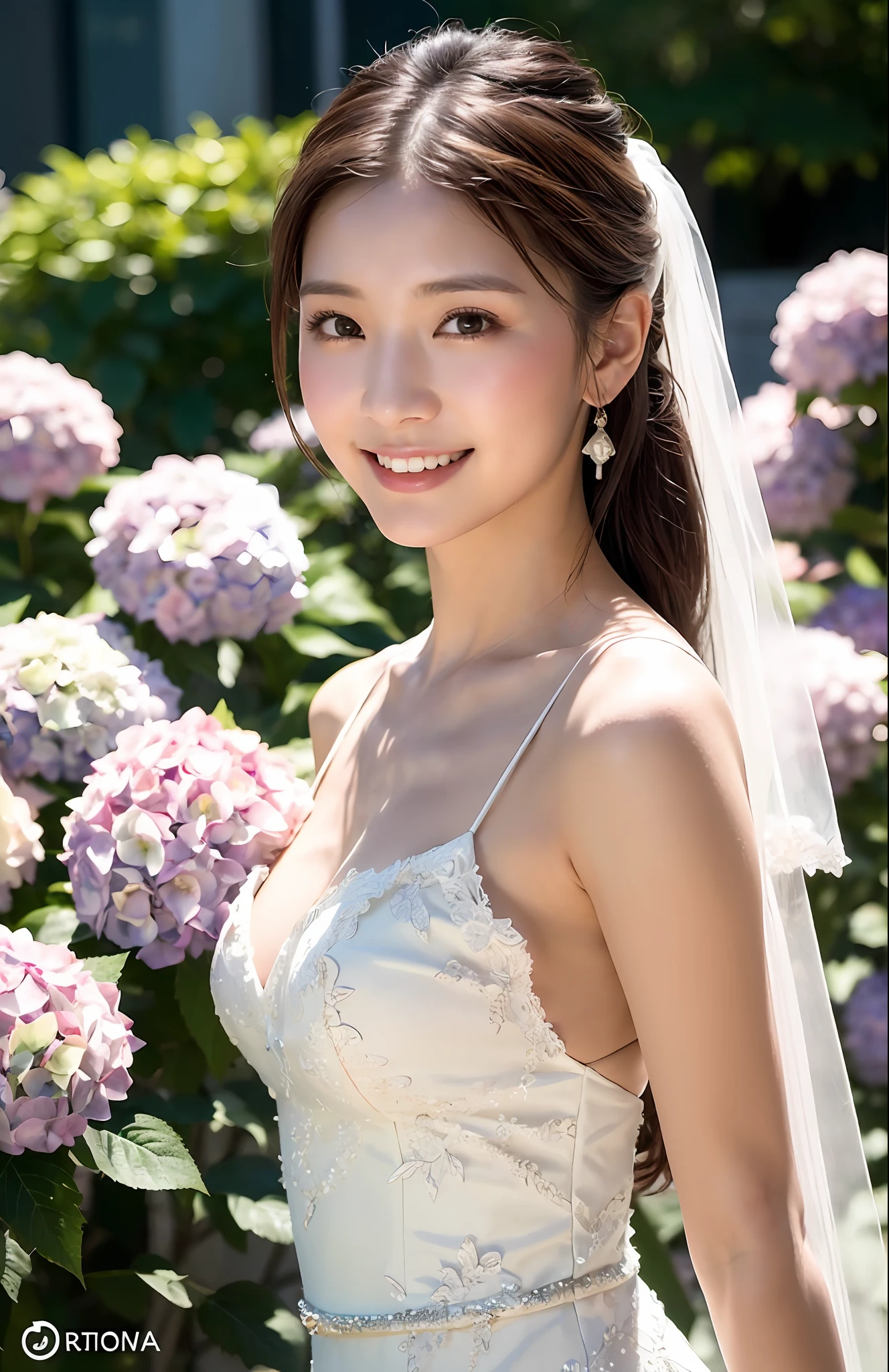 Turbulent posture, (very delicate and beautiful work), (masterpiece), 1girl, girl in wedding dress surrounded by hydrangeas, veil, lace, full body, high definition, ridiculous, charming expression, smile, beautiful clear eyes, green eyes, delicate necklace, delicate earrings, full body, vivid flower garden, simple background blur, ultra-fine depiction, beautiful, attractive, ultra-fine picture, delicate face, delicate figure, thin collarbone, lovely lips, beauty big, soft back, mix4, (8k, RAW photo, highest quality), masterpiece: 1.2), (realistic, photorealistic: 1.37), one girl, cute, professional lighting, photon mapping, radiosity, physically based rendering