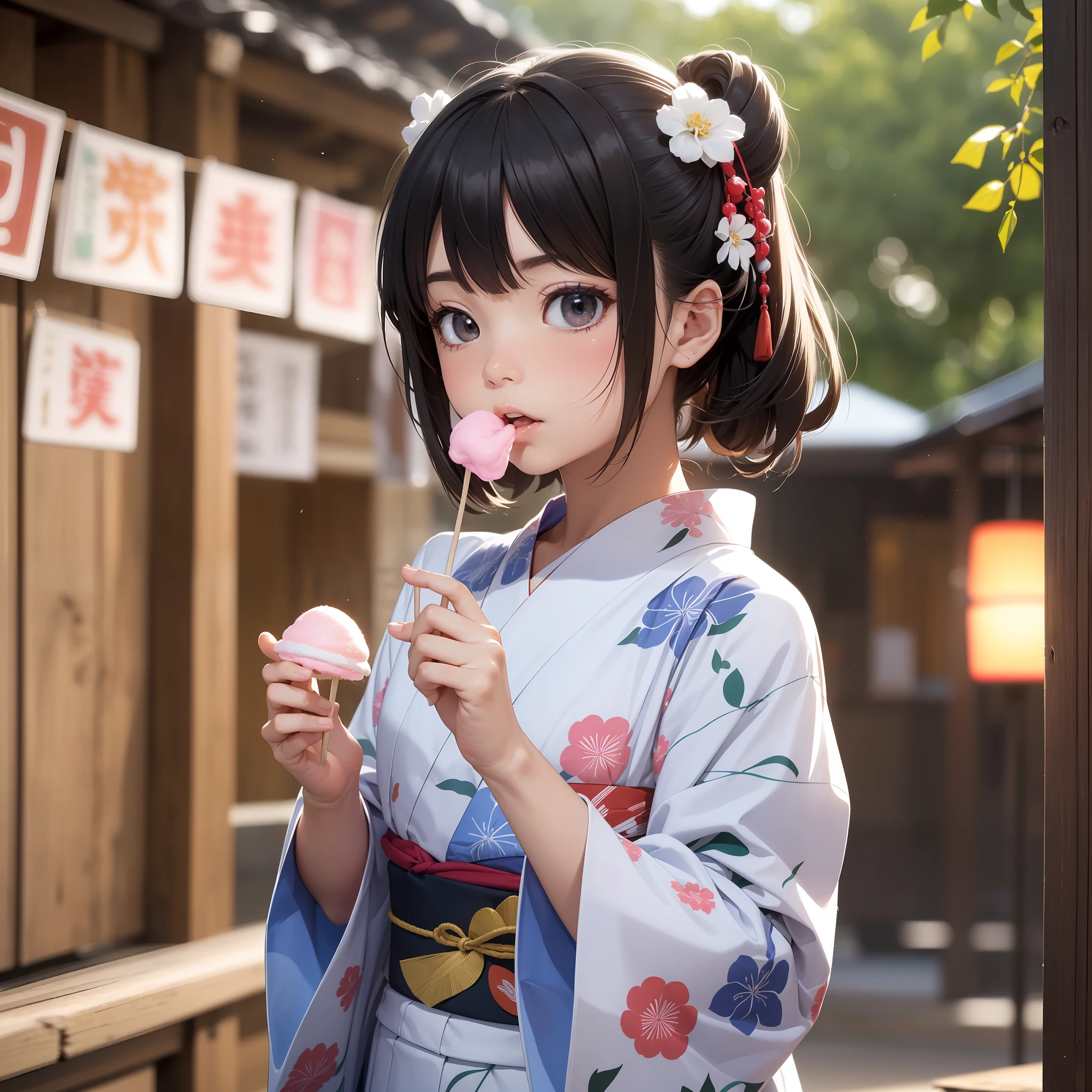 (Best Quality: 1.3), 8K, (Masterpiece: 1.3), Ultra High Definition, (Yukata: 1.5), (Japan Summer Festival: 1.5), (Yatai: 1.5), (Black Hair: 1.5), Cute Face, 18 years old, (Eating cotton candy: 1.5)