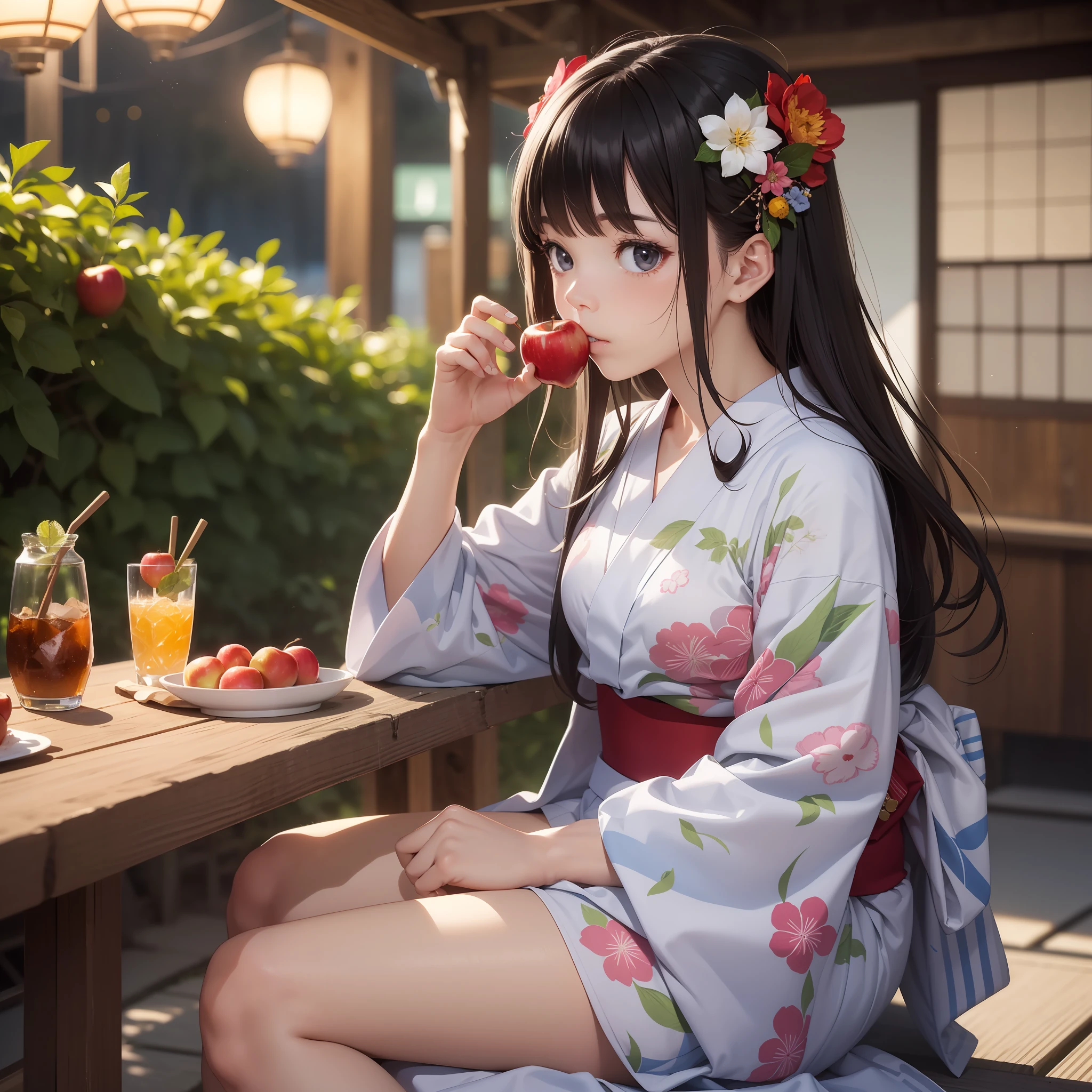(Best Quality: 1.3), 8K, (Masterpiece: 1.3), Ultra High Definition, (Yukata: 1.5), (Japan Summer Festival: 1.5), (Food Food: 1.5), (Black Hair: 1.5), Cute Face, 18 years old, (Eating Small Apple Candy: 1.5), Night