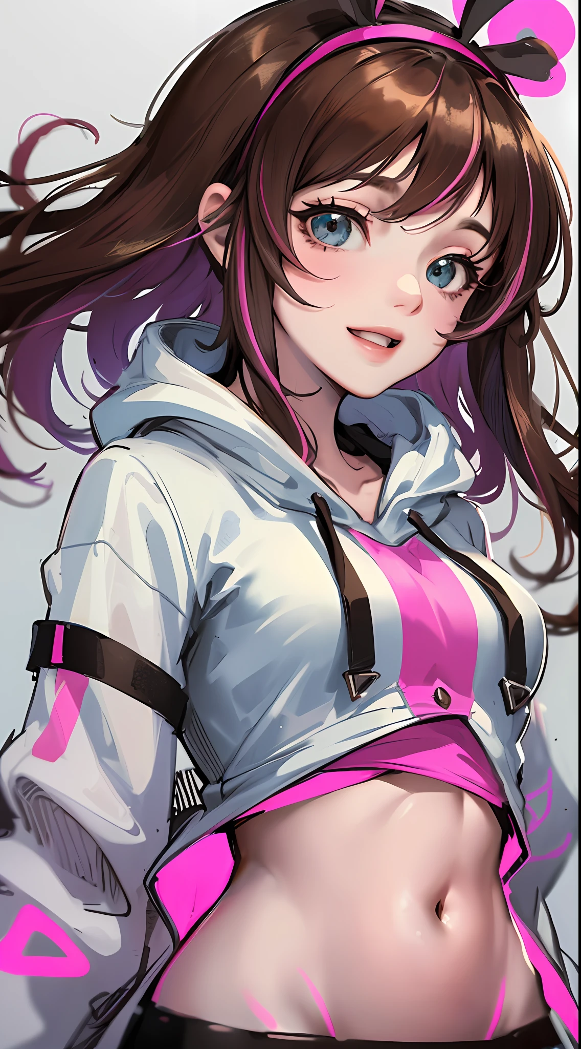 masterpiece, best quality, highres, 1girl, kizuna ai, small breasts ,long hair, brown hair, multicolored hair, floating hair, pink hairband, pink highlights, streaked hair, smiling, crop hoodie, navel