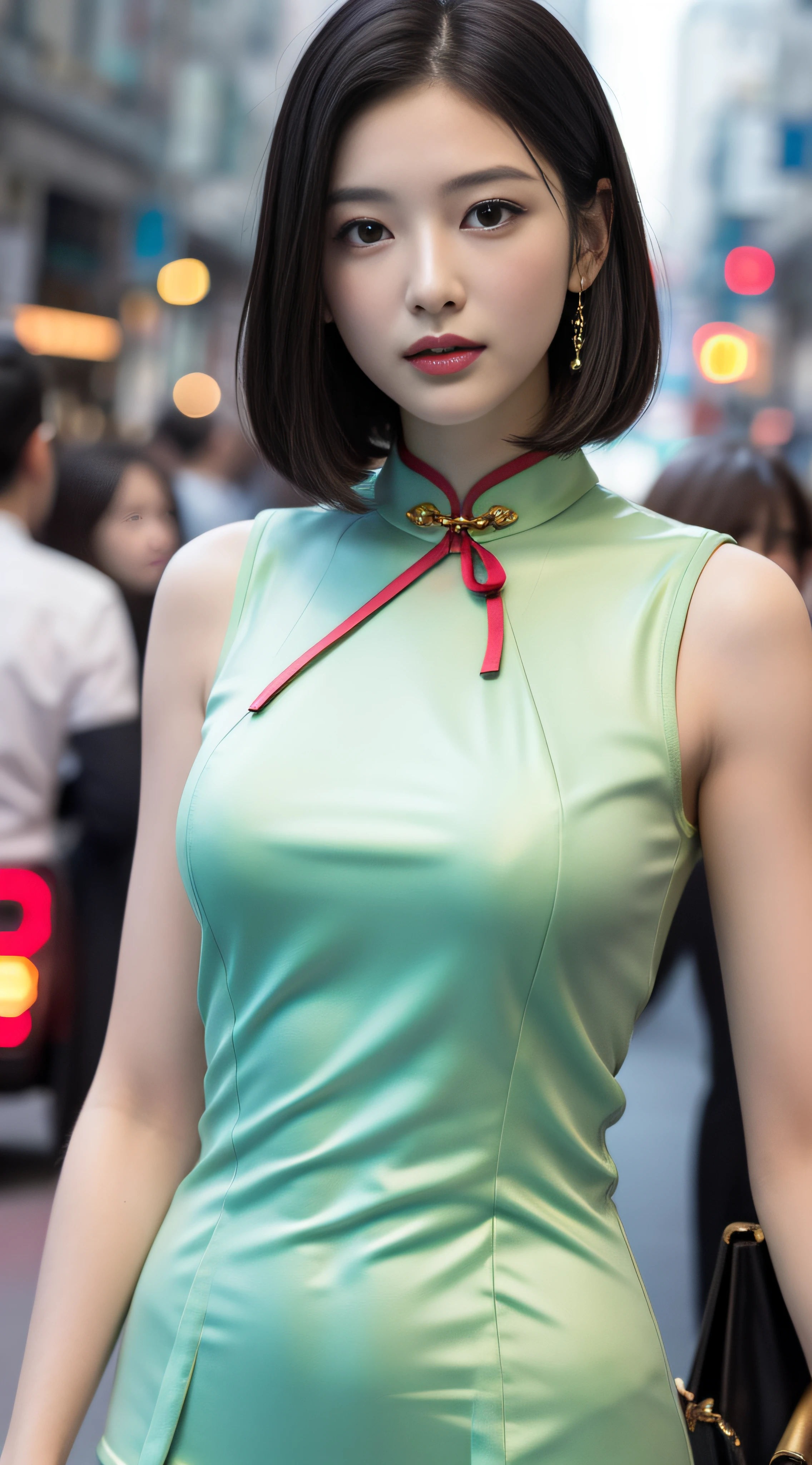 A beautiful girl, exquisite facial features, exquisite face, black Hong Kong style short hair, exquisite hairstyle, beautiful and pure, refined temperament, model figure, slim and slender figure, noble cheongsam, upper body close-up, 8k resolution, the highest picture quality, real texture 5.0, Cosmo Lady, street, chairman secretary, mature women, thin face