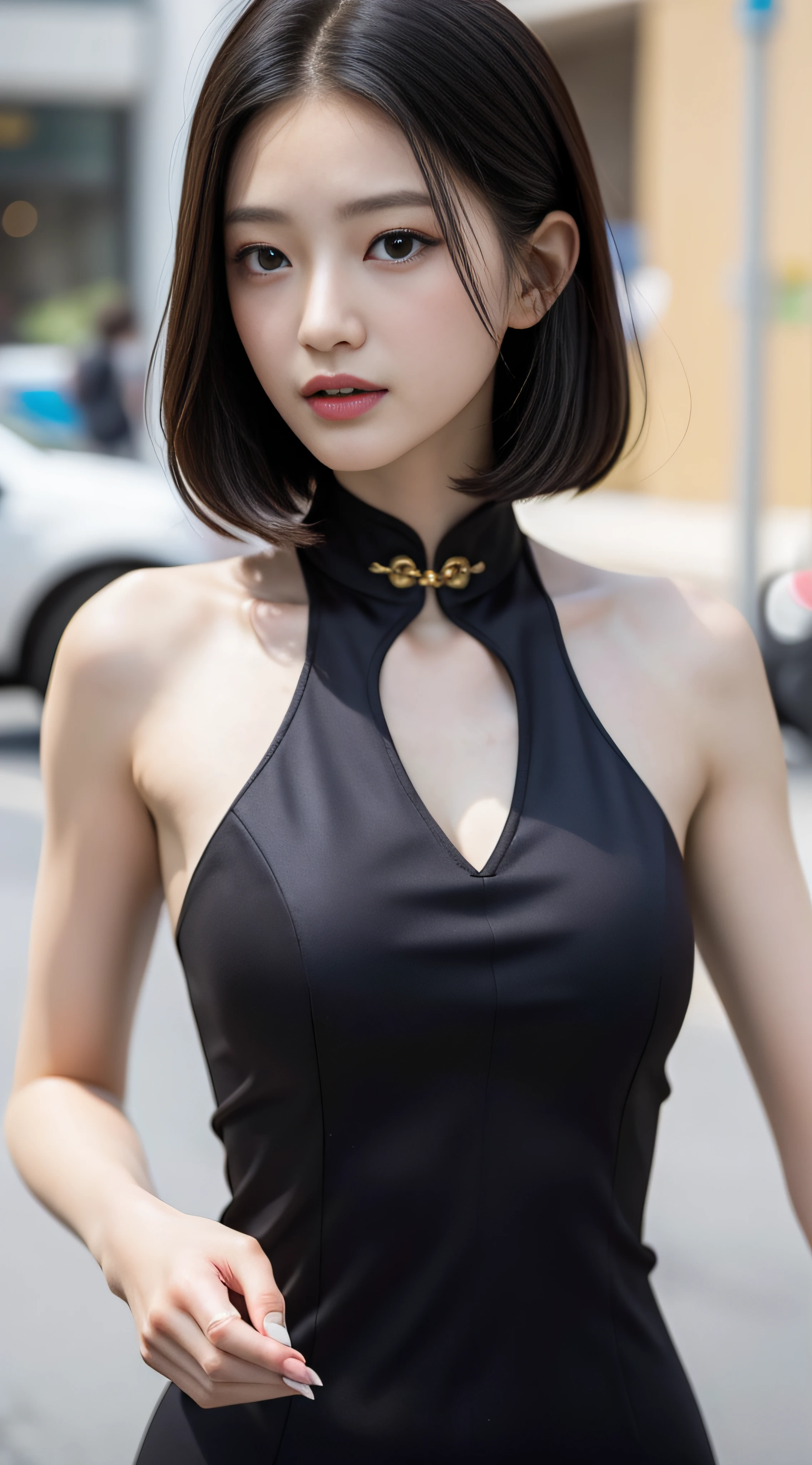 A beautiful girl, exquisite facial features, exquisite face, black Hong Kong style short hair, exquisite hairstyle, beautiful and pure, refined temperament, model figure, slim and slender figure, noble cheongsam, upper body close-up, 8k resolution, the highest picture quality, real texture 5.0, Cosmo Lady, street, chairman secretary, mature women, thin face