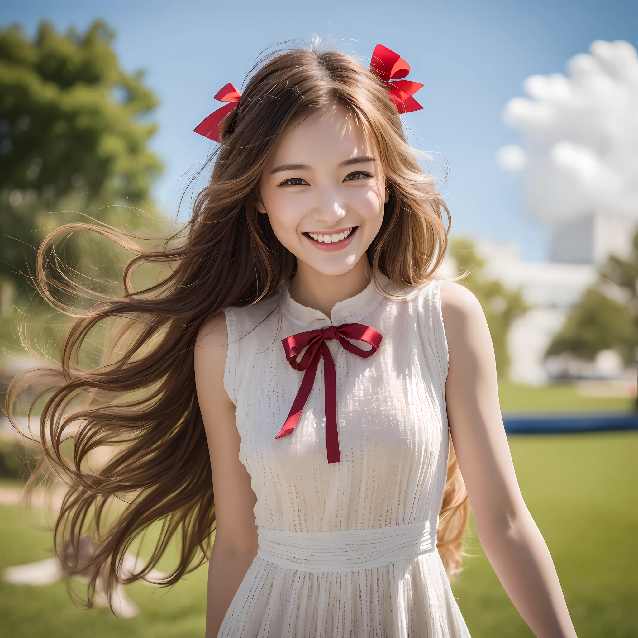 4k, (photorealistic:1.2), 1girl, highly detailed face, (realistic eyes details:1.2), realistic skin, pretty girl, (twisted braid), laughing happily, soft light, delicate face, white dress, red bow hair ornament, sports field, outdoor, (perfect body:1.2), ( realistic anatomy: 1.2), realistic photo, RAW photo, Cinematic Lighting, dynamic angle