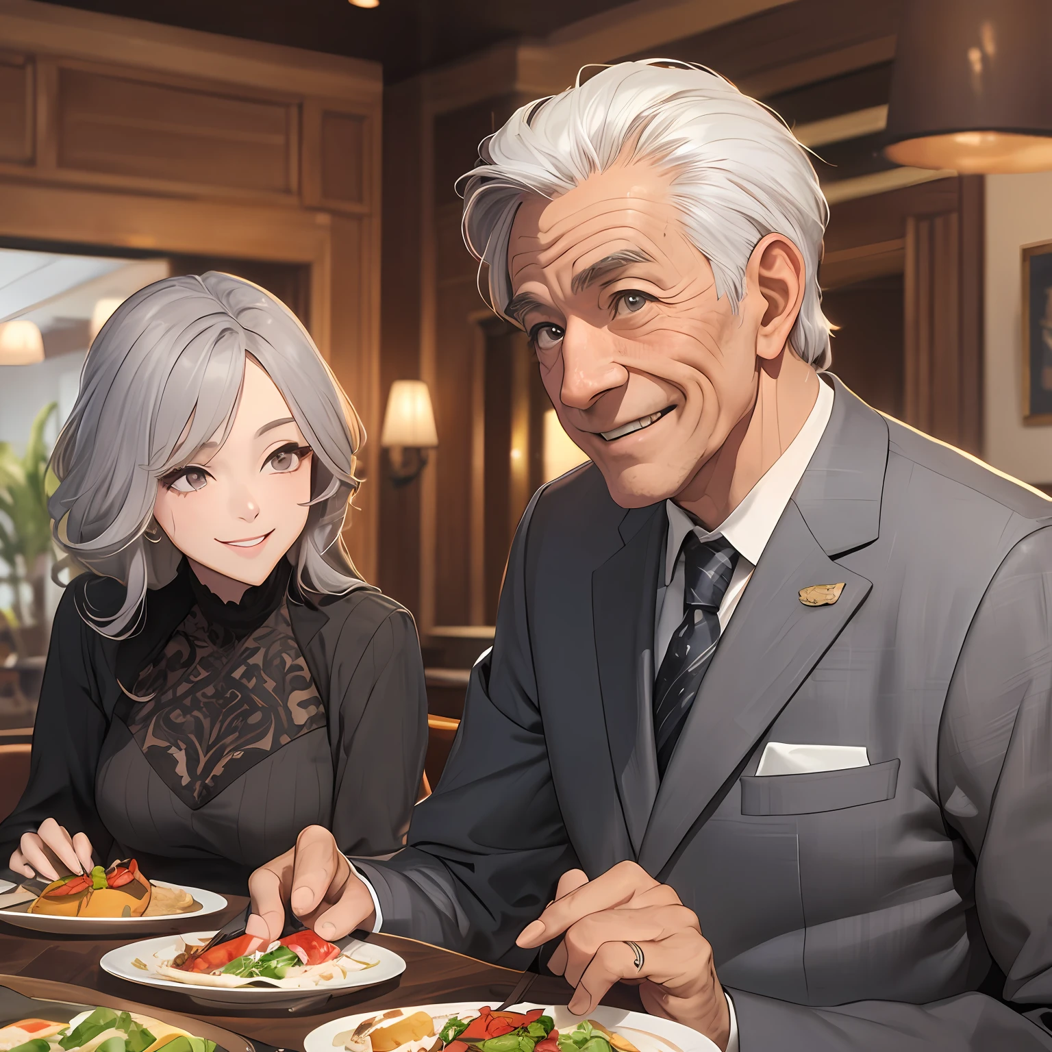 An old man (gray hair, wrinkled, wearing a suit, smiling) and a woman (black hair, wearing a dress) sits face to face at a table with a delicious meal filled with delicious food and a warm and spacious living room background