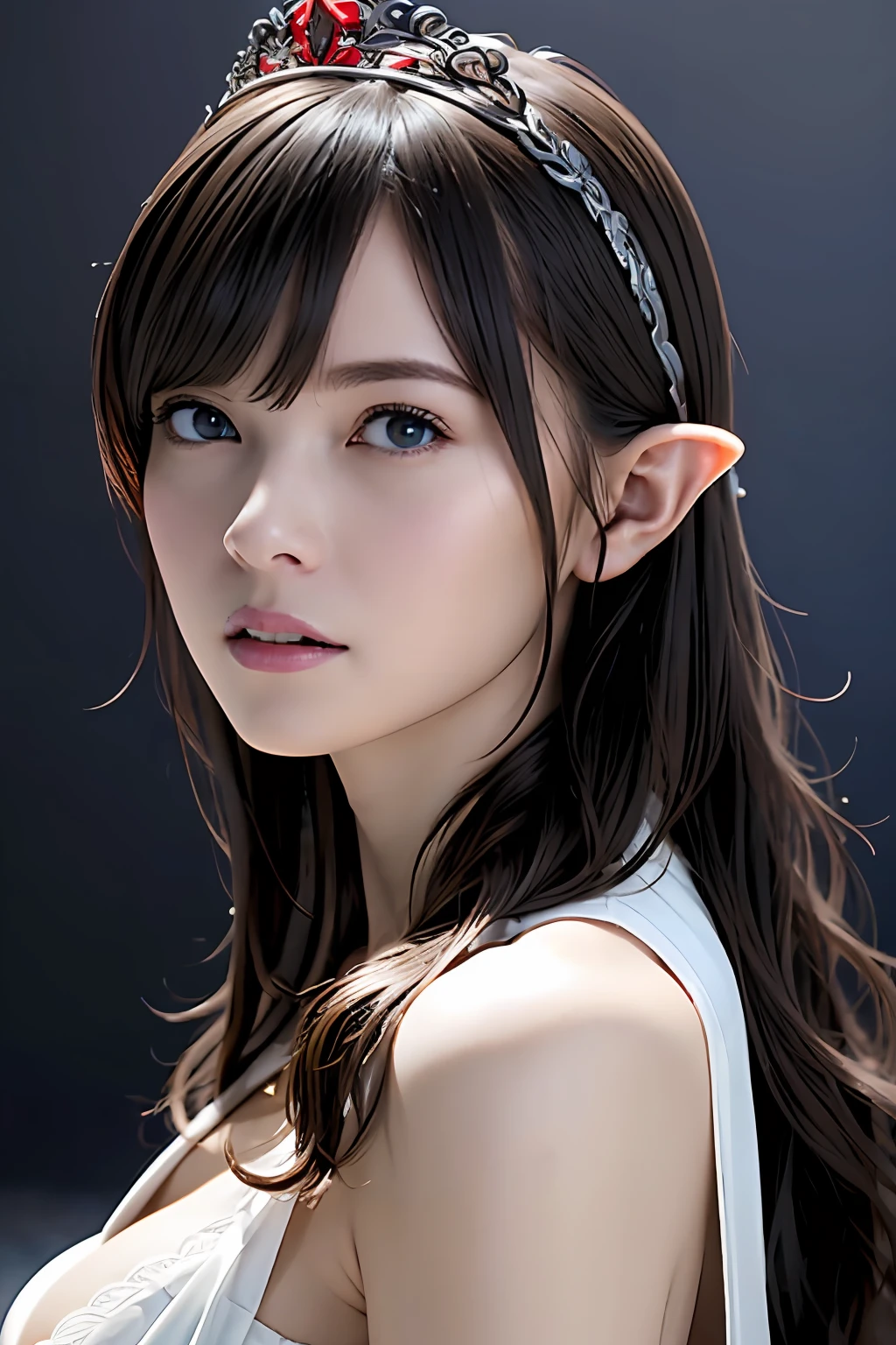 Ultra-detailed complex 3D rendering of the face, (Colossal: 8.8), (masterpiece, top quality, octane rendering, 8K), glamour shot full body image, very beautiful young elf, cleavage, (very detailed skin: 1.2), (exposure: 1.1), brown hair, (wearing a plummeted open shirt of white silk: 1.5)), beautiful Caucasian woman with white skin with full soft breasts with big buttocks, 1 person, long braided hair, big breasts, dynamic angle, mystical expression, ultra-realistic photos, (((((portrait))), bare feet, futuristic urban background, facial muscles, detailed and beautiful queen crown, in the style of Marvel Comics, ArtStation trends, clear focus, studio photography, intricate details, very detailed, detailed red eyes, very detailed, Sharp focus, digital rendering, professional, abs, dark gray background, shot with Canon EOS R 6, (Sexy Pose)))), seductive look,