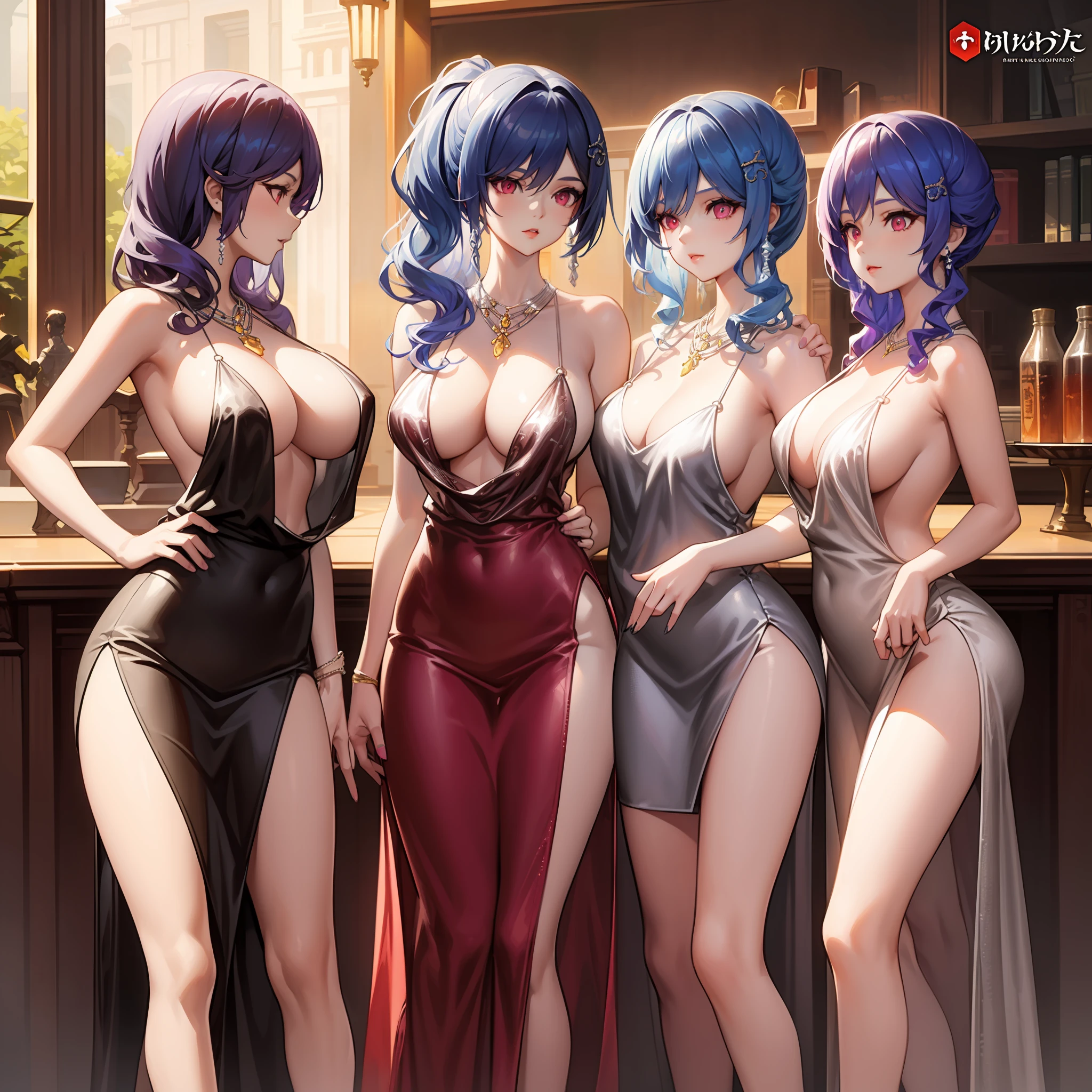 Four women in short skirts stand side by side, official artwork, Guweiz, characters from Azur Lane, Guweiz from Pixiv Art Station, Guweiz style artwork, anime cover, high-detail official artwork, Girl Frontier universe, Guweiz on ArtStation Pixiv, trends on cgstation