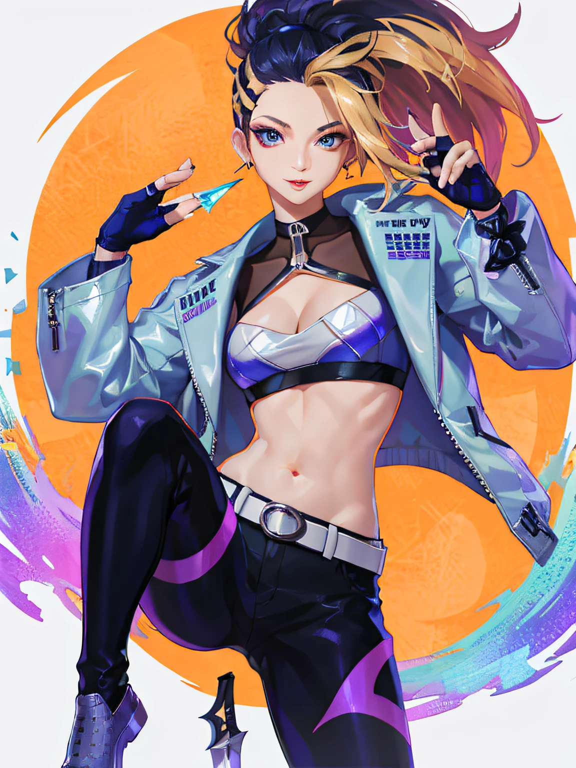 sky, field, grass, (((kda all out akali))), akali, k/da \(league of legends\), cowboy shot, high detailed, 8k, highres, 1girl, multicolored hair, two-tone hair, high ponytail, blue eyes, black hair, blonde hair, short hair, lips, eyeshadow, makeup, earrings, cleavage cutout, clothing cutout, cropped jacket, open clothes, open jacket, two-tone jacket, shiny clothes, multicolored clothes, white jacket, multicolored jacket, blue sports bra, zipper, midriff, stomach, buckle, fingerless gloves, black gloves, gloves, jacket, jewelry, medium breasts, breasts, black pants, belt, shoes, solo, kunai, weapon, looking at viewer, navel, remove artifacts, proportional hands