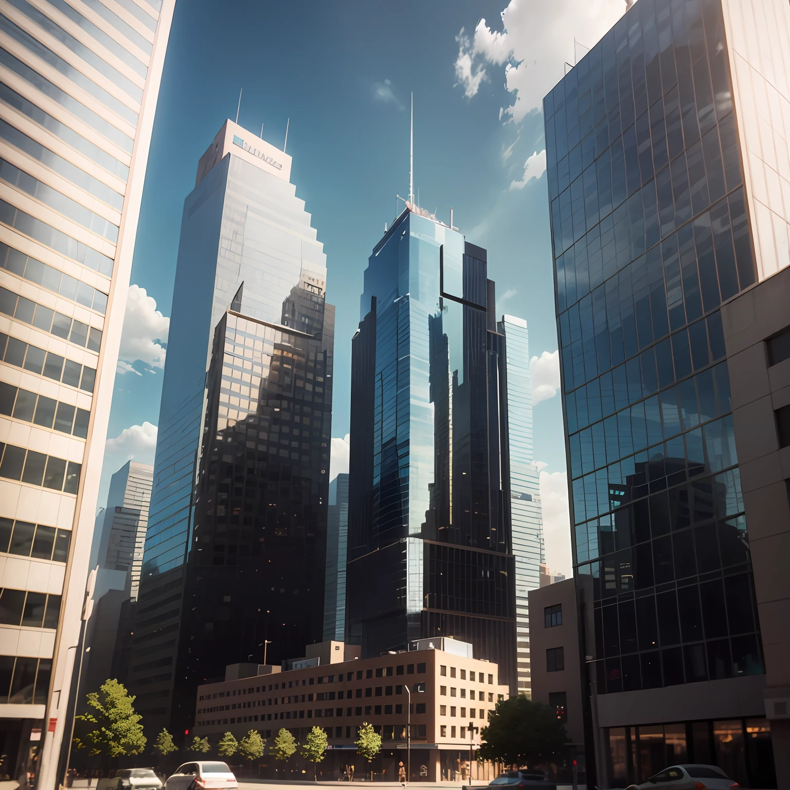 arafficial view of a city street with tall buildings and a blue sky, highrise business district, with tall glass skyscrapers, buildings photorealism, realistic building, office building, realistic cinema 4 d render, with shiny glass buildings, glass buildings, rendered in v-ray, highly detailed render, very realistic 3 d render, a photorealistic rendering, Neat Window Rendering --auto