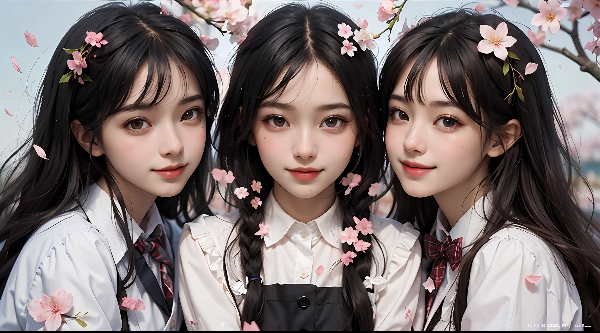 5 beautiful and delicate portraits of playful cute girls, working uniforms, side by side without gaps, line up, multiple hair, multiple faces, fun, smile, front view, character focus, black divider, one beautiful and delicate portrait of playful cute girl with cherry blossom petals floating in the background, creative art poster, creative, art,