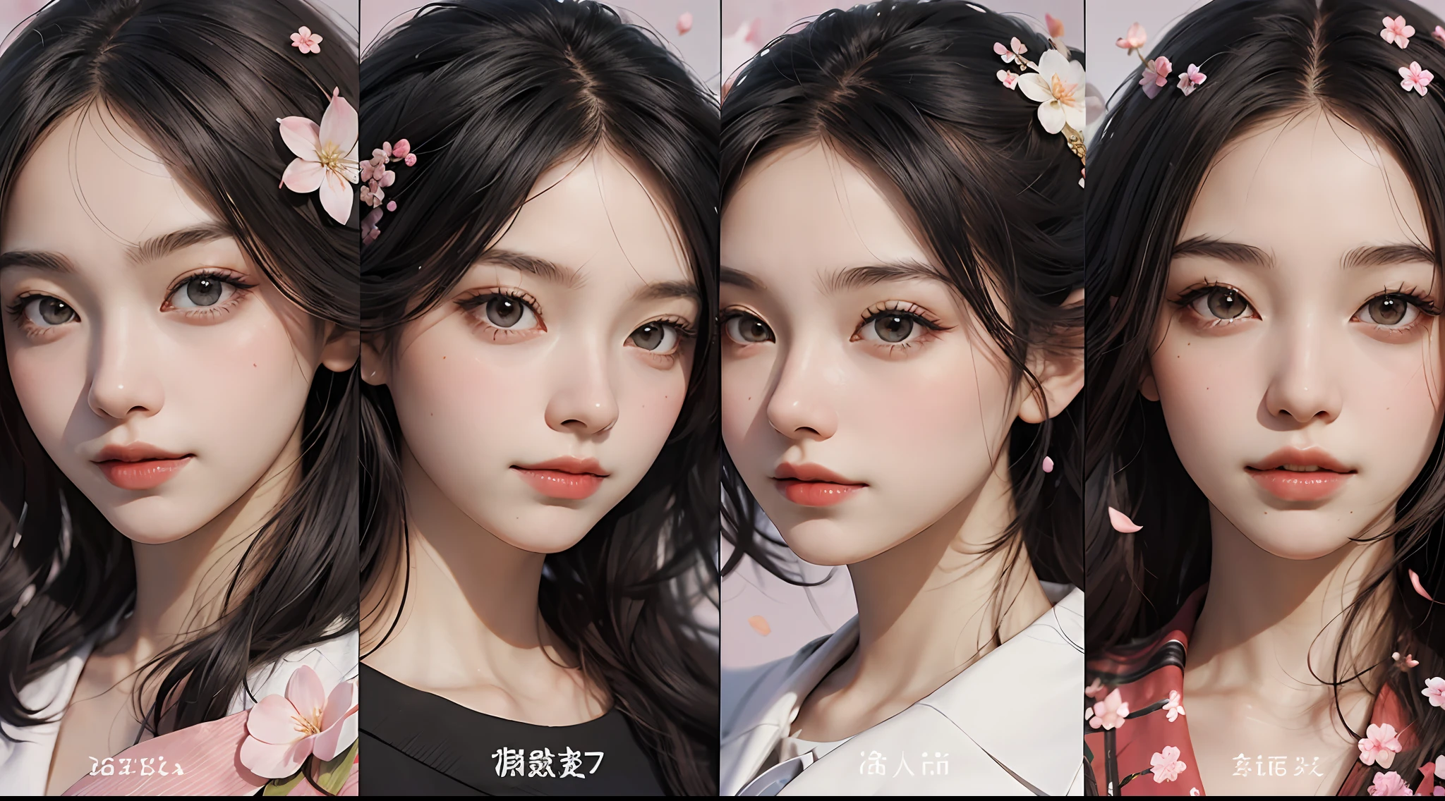 5 girls, side by side without gaps, line up, multiple hair, multiple faces, fun, smile, front view, character focus, black divider, one beautiful and delicate portrait of playful cute girl with cherry blossom petals floating in the background, creative art poster, creative, art,